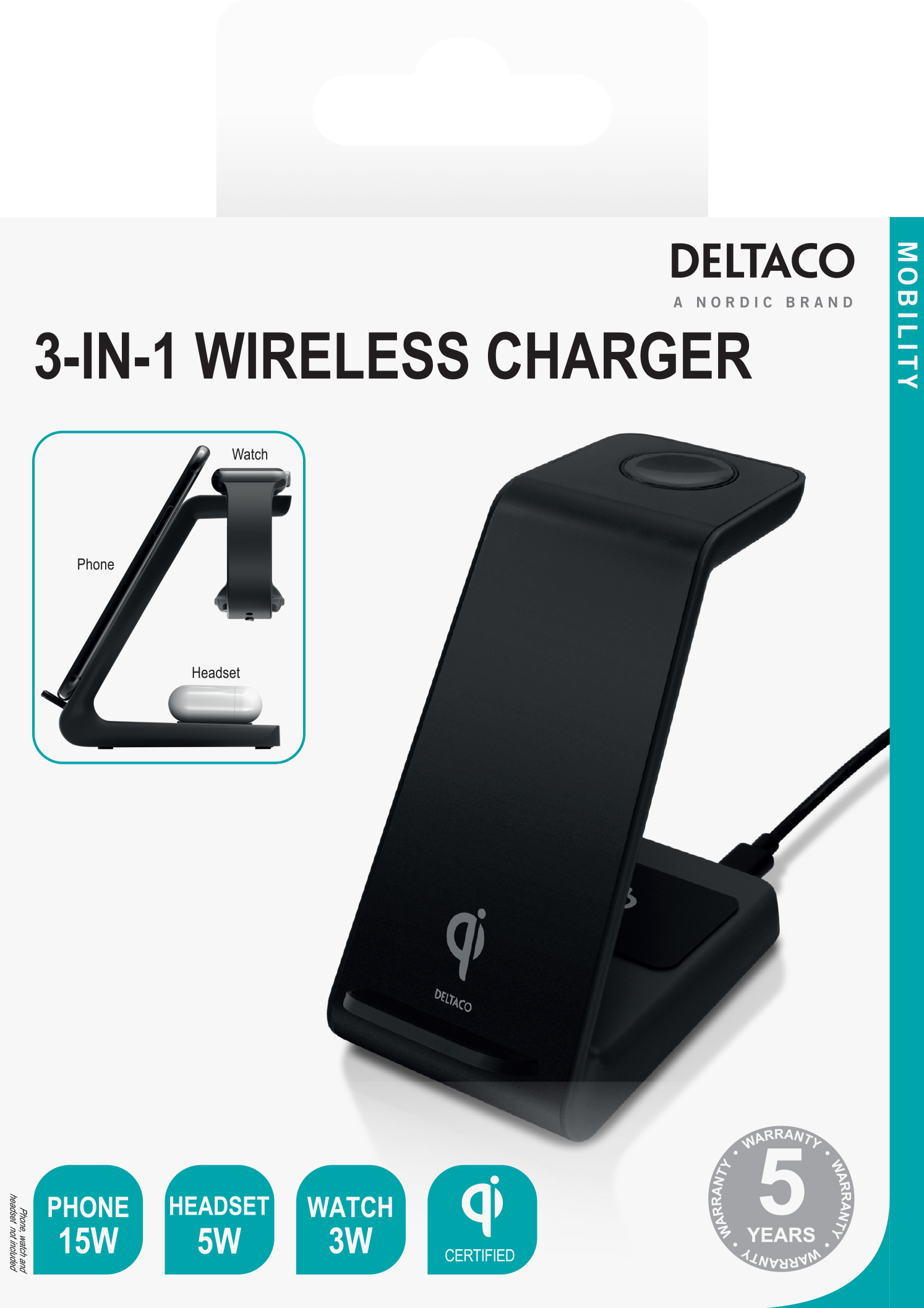 Ein schwarzes kabelloses Ladegerät mit Telefon-, Headset- und Uhrensymbolen.