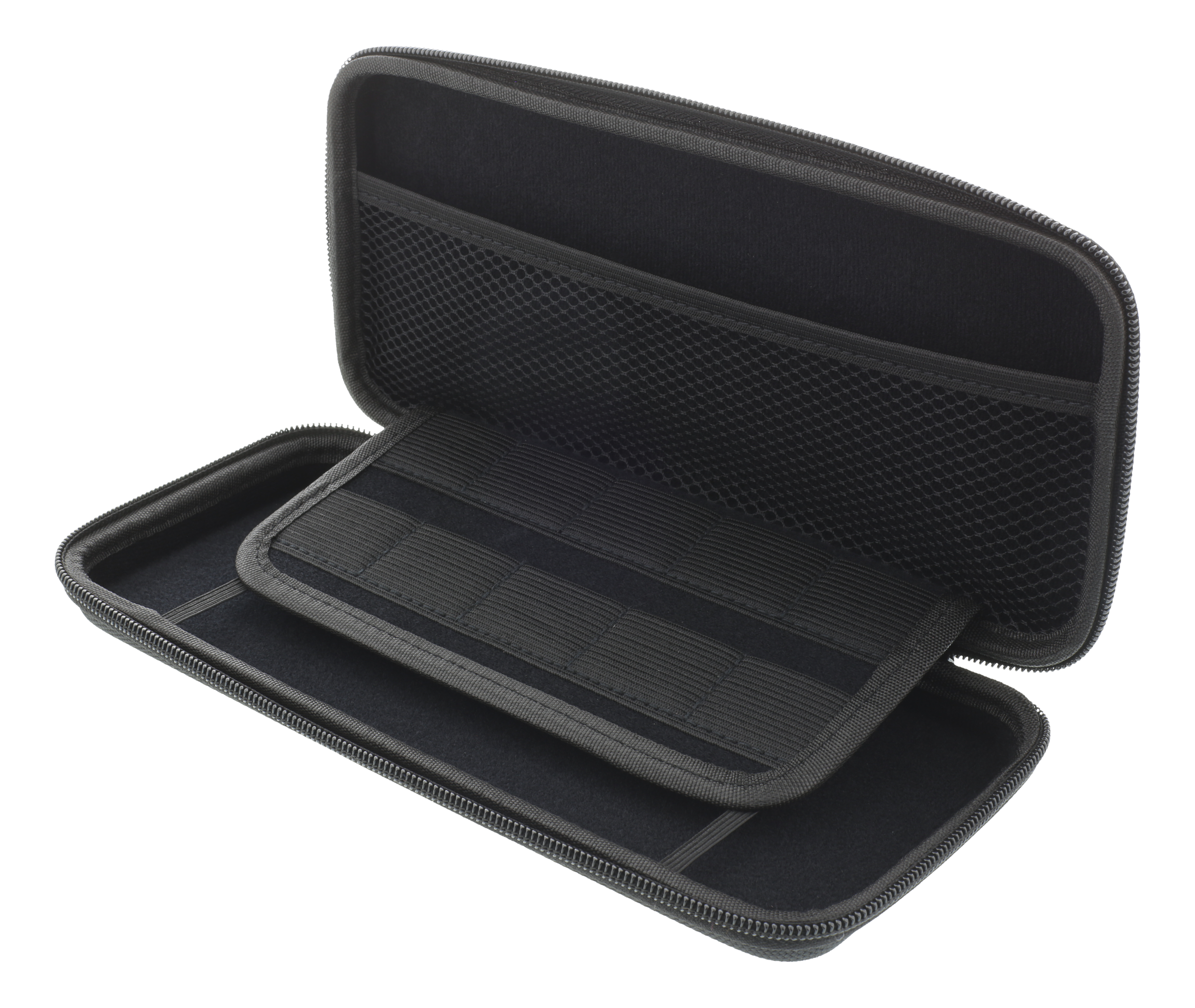 Schwarzes Etui, offen, zeigt zwei schwarze Fächer mit Mesh und elastischen Bändern.