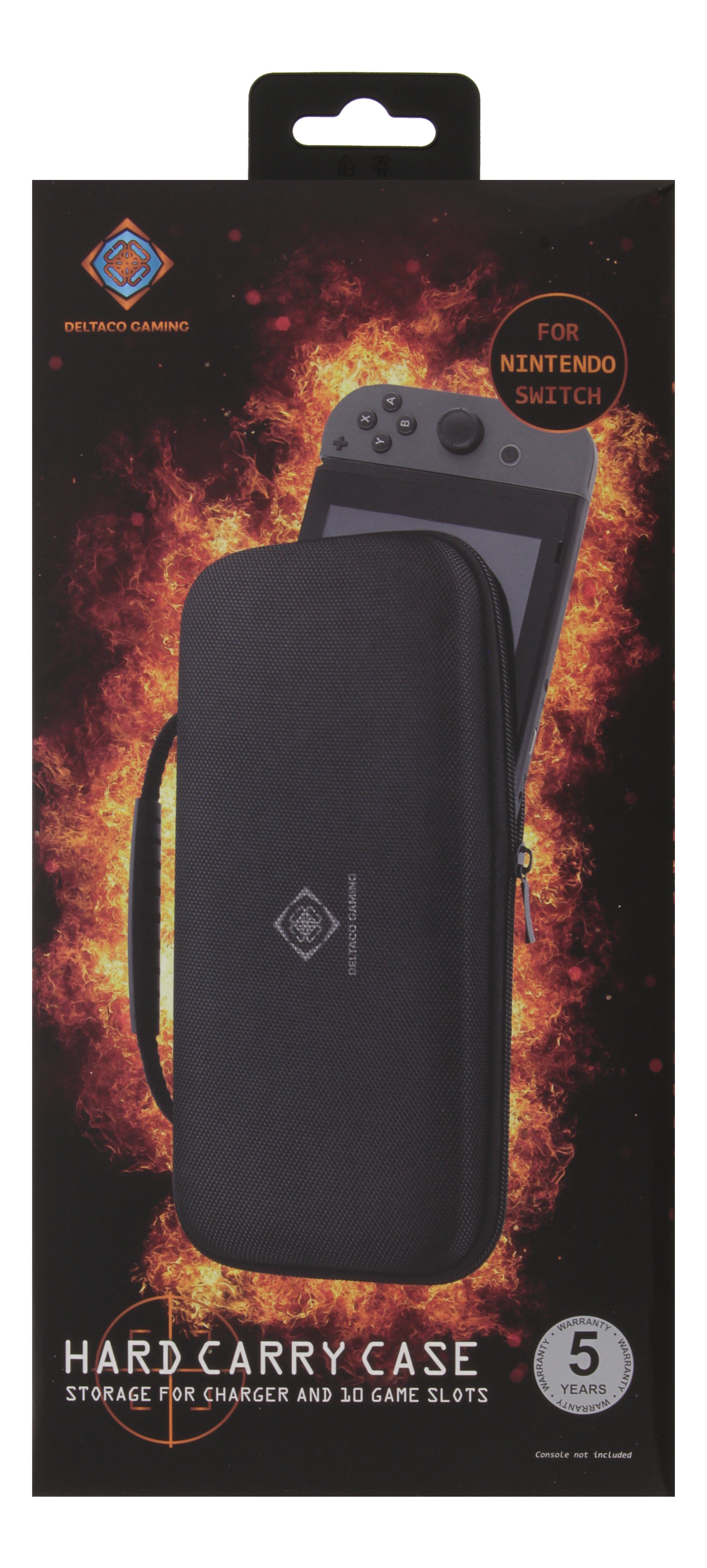 Schwarze Hartschalen-Tragetasche für eine Nintendo Switch, mit Griff. Flammen im Hintergrund. Auf der Tasche steht 'DELTACO GAMING'.
