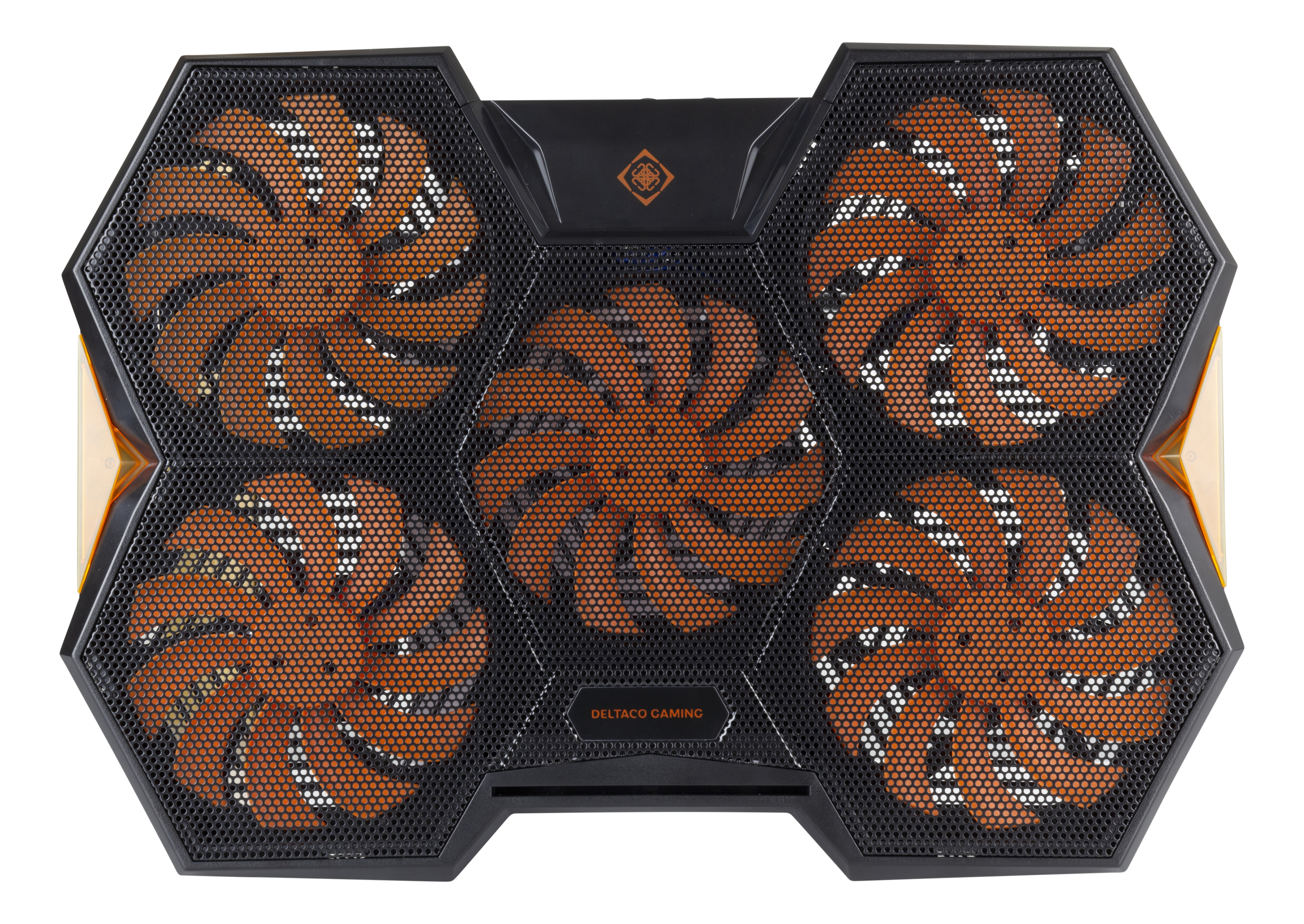 Schwarzer und orangefarbener Laptop-Kühler mit sechs Lüftern und einem Metallgitter. Die Marke ist Deltaco Gaming.