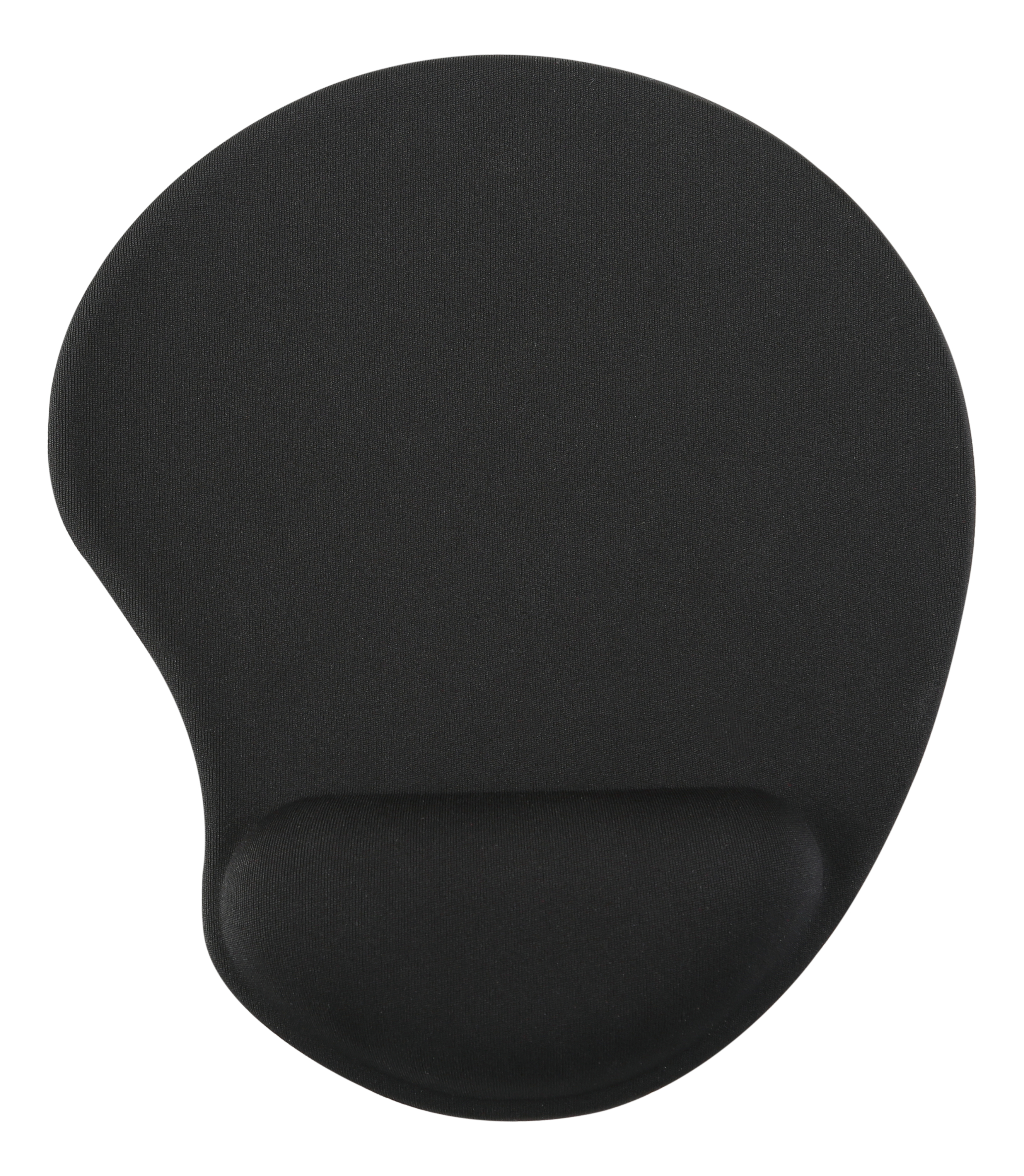 Schwarzes Mauspad mit Handballenauflage, auf weißem Hintergrund. Das Pad hat eine gebogene Form.