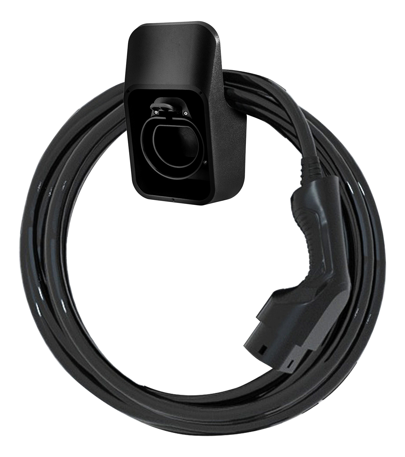 Black EV charging cable with a connector and a wall mount, white background.