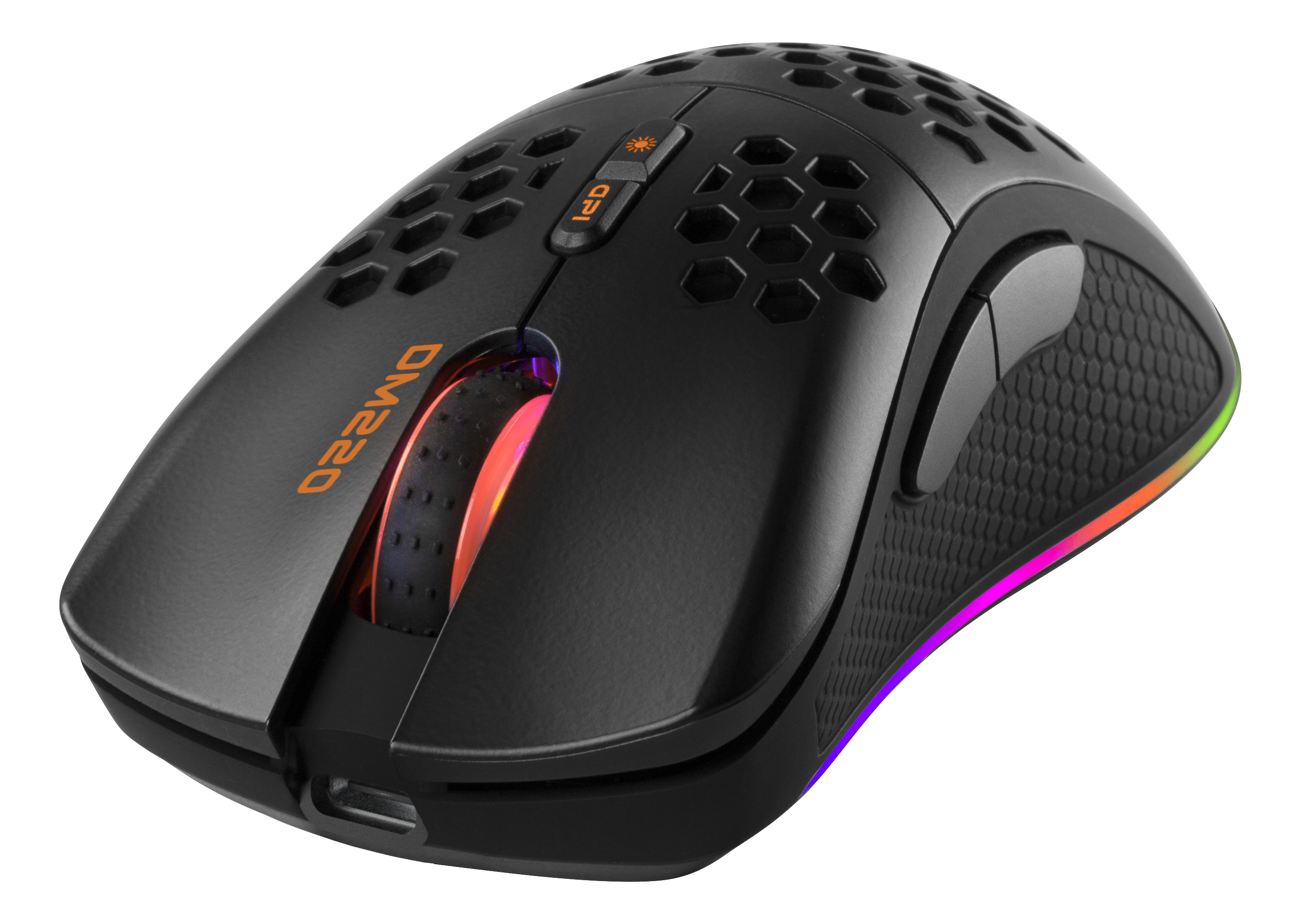 Schwarze Gaming-Maus mit Wabenmuster und RGB-Beleuchtung. Das Scrollrad ist orange.