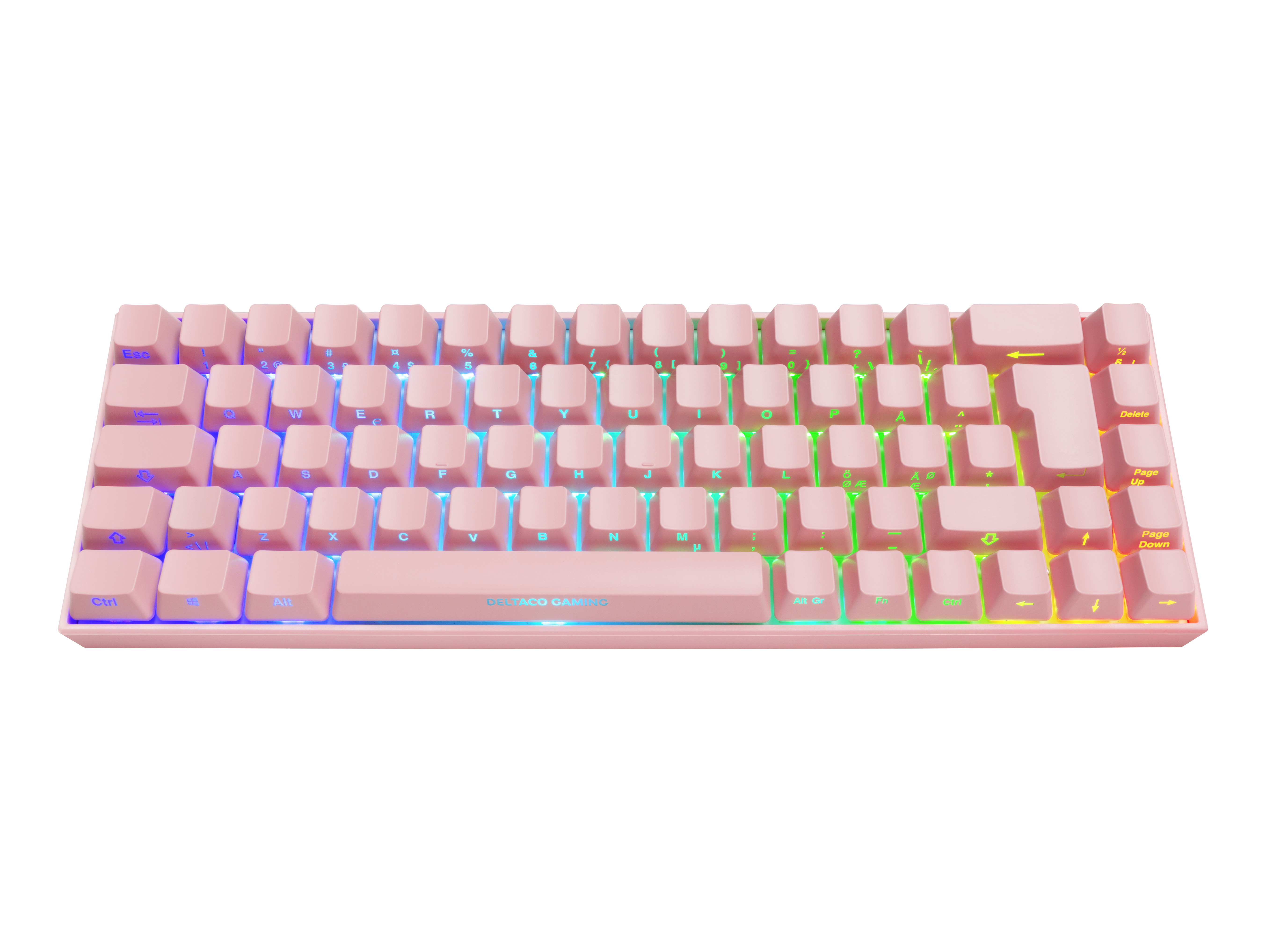 Eine pinke Gaming-Tastatur mit Regenbogenfarbenen Tasten wird von oben gezeigt.