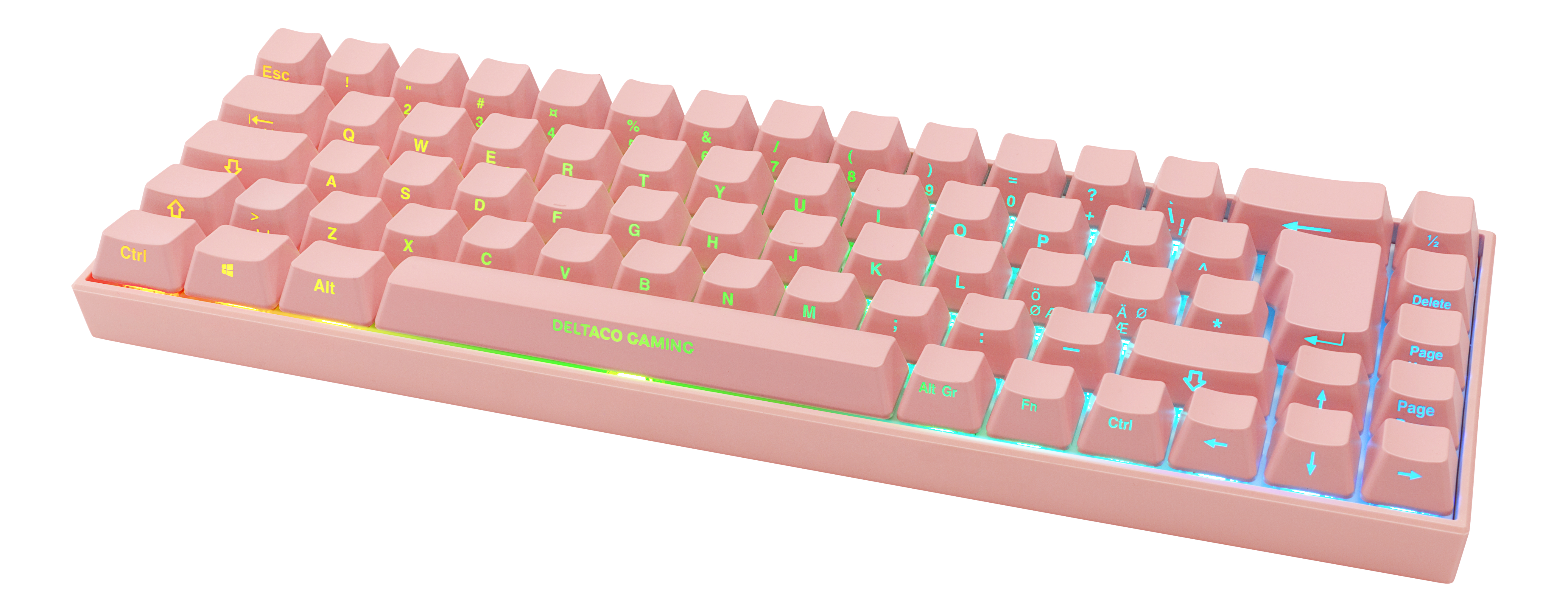 Rosa Tastatur mit bunten Lichtern. Die Tastatur hat ein Deltaco Gaming Logo.