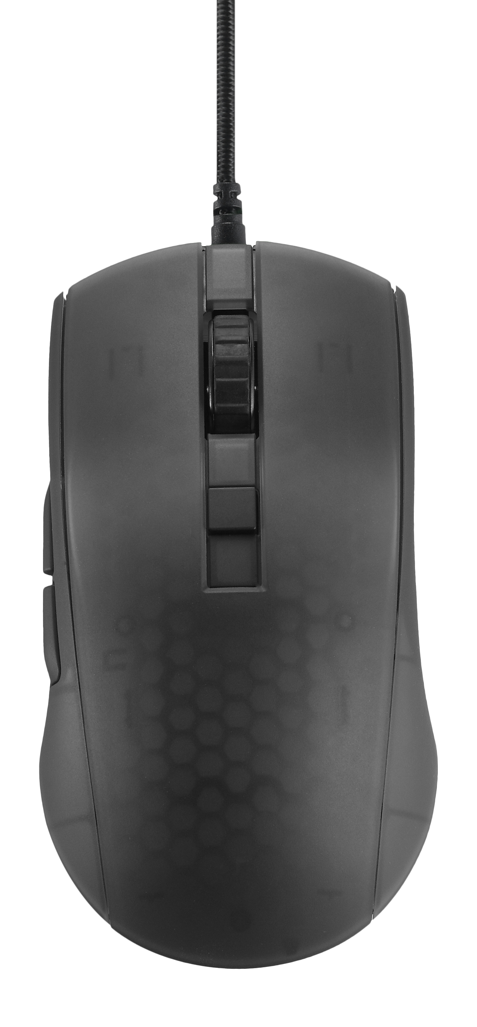 A black computer mouse with a connected cable.
