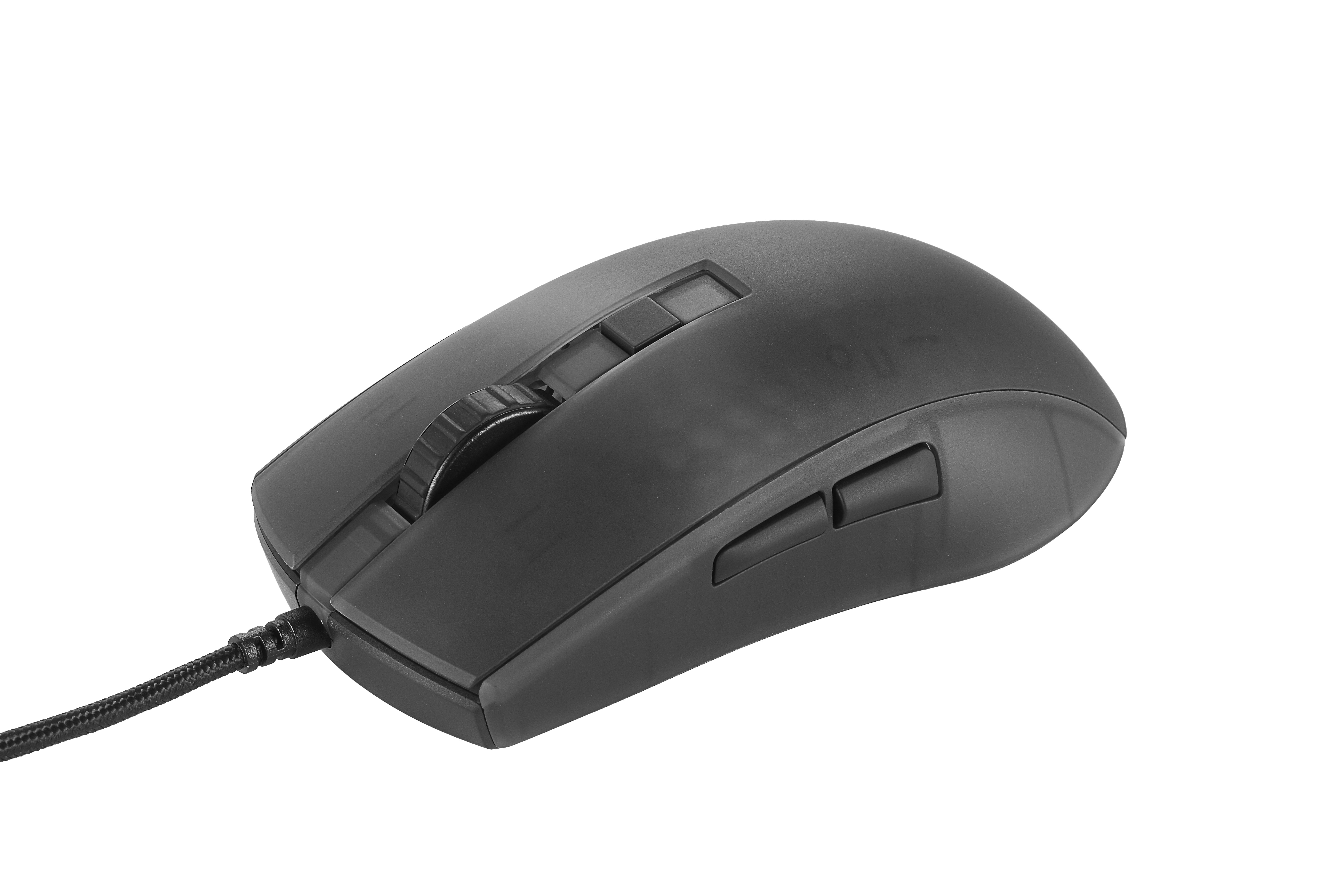 Black computer mouse with a cord. Mouse has a scroll wheel and buttons. Cord is braided.
