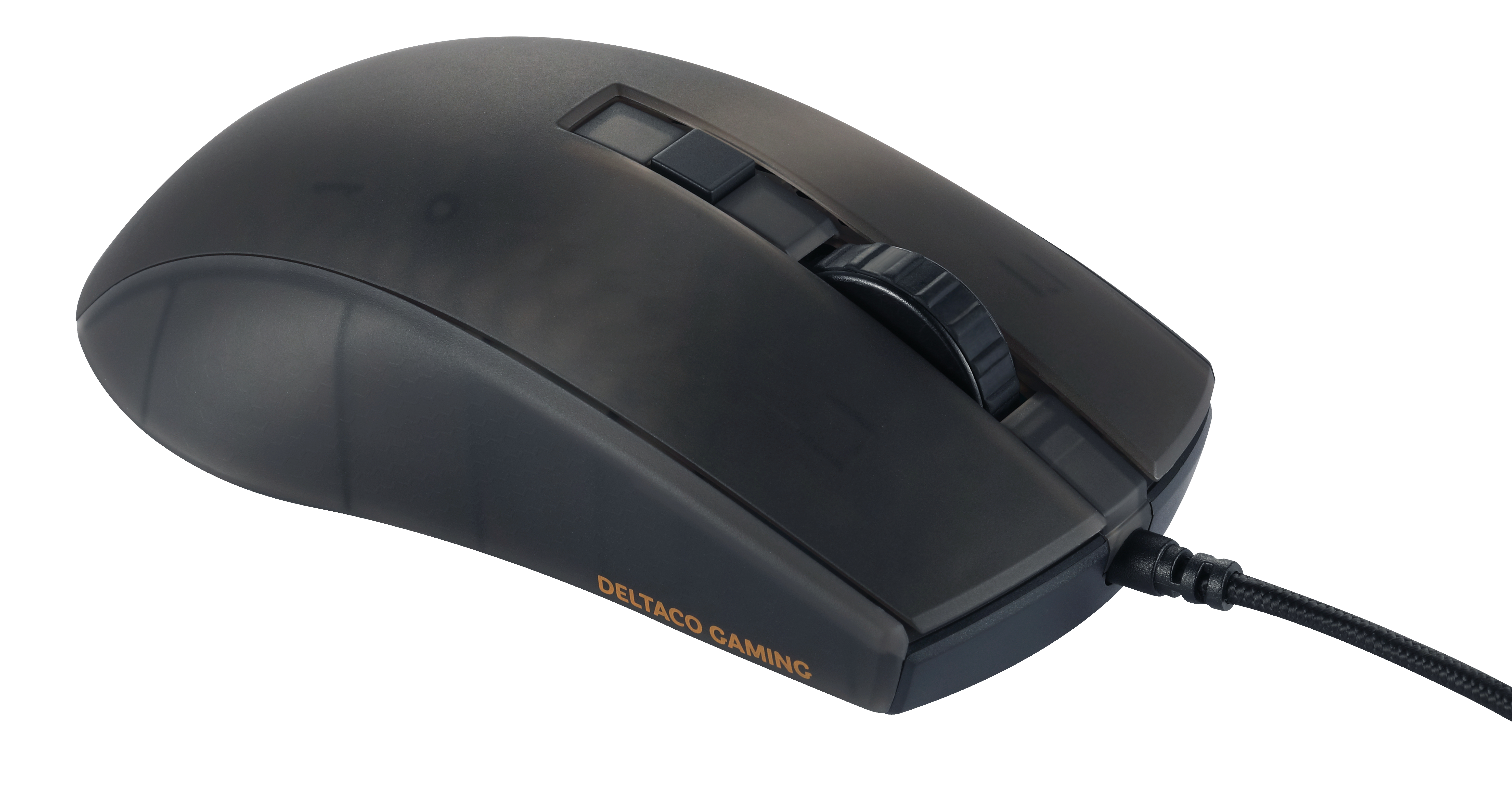 Black gaming mouse with a black cable, and the brand name "DELTACO GAMING".