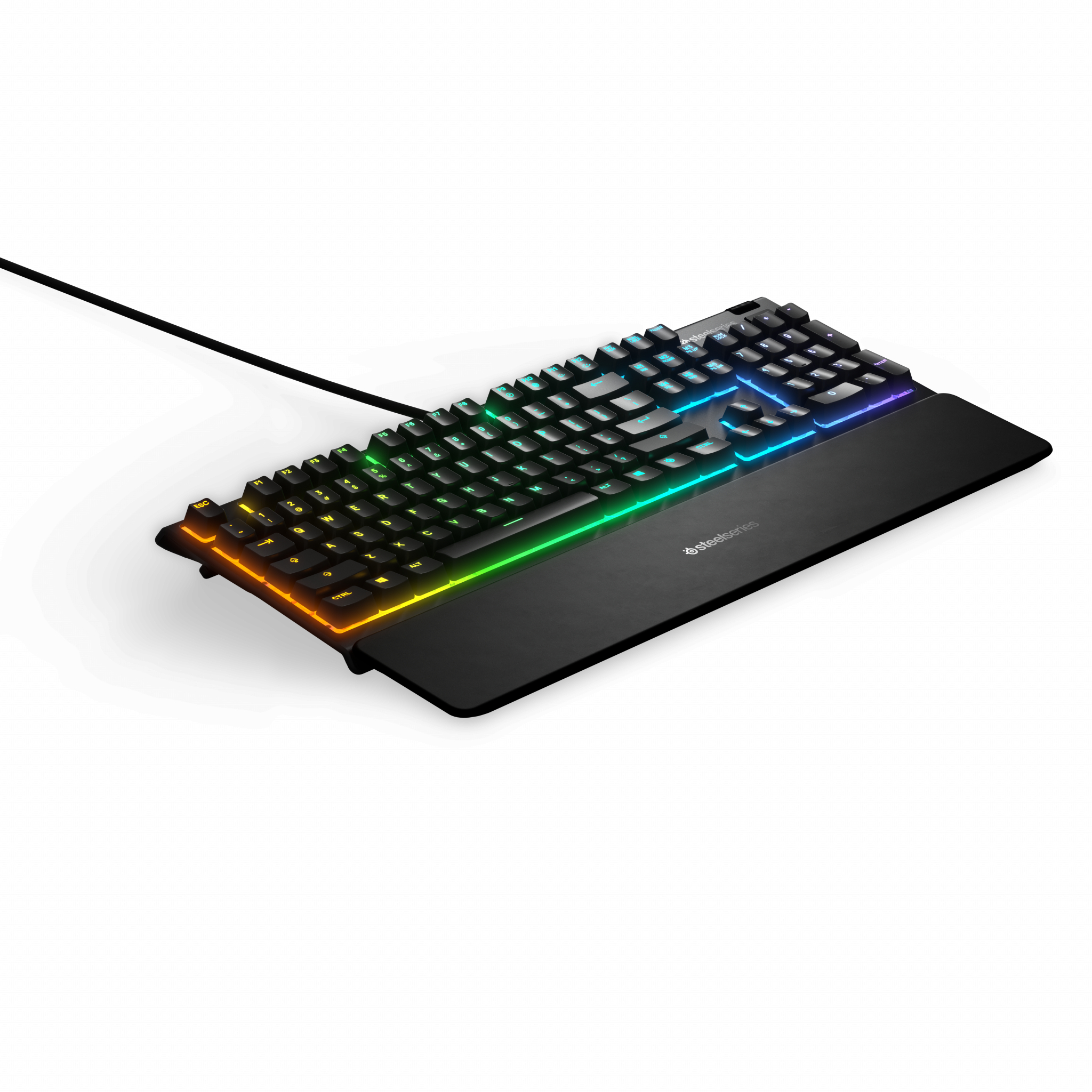 Una tastiera da gioco SteelSeries nera con luci colorate e un poggiapolsi.