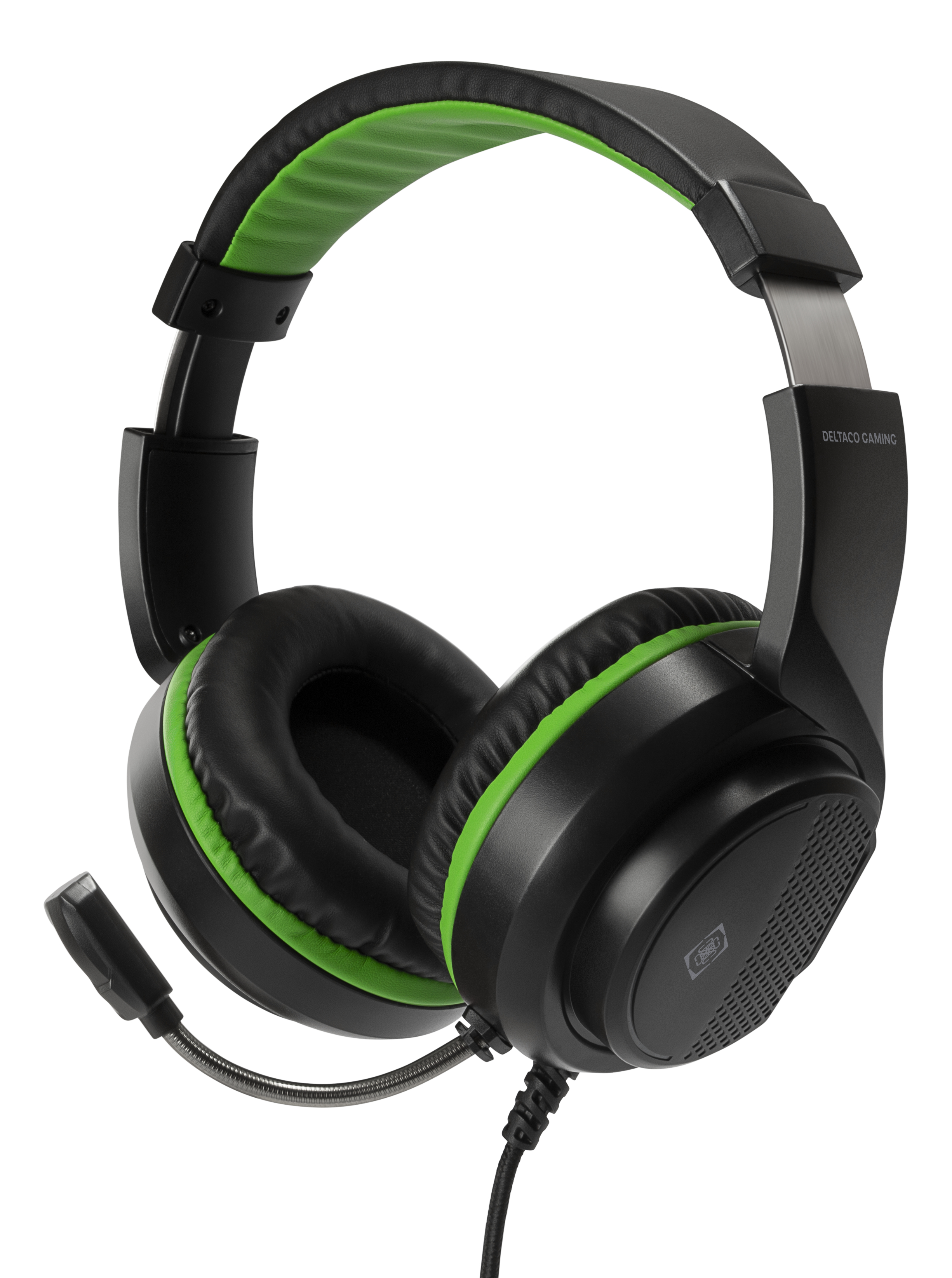 Schwarzes und grünes Gaming-Headset mit Mikrofon. Ohrmuscheln und Mikrofon Details.