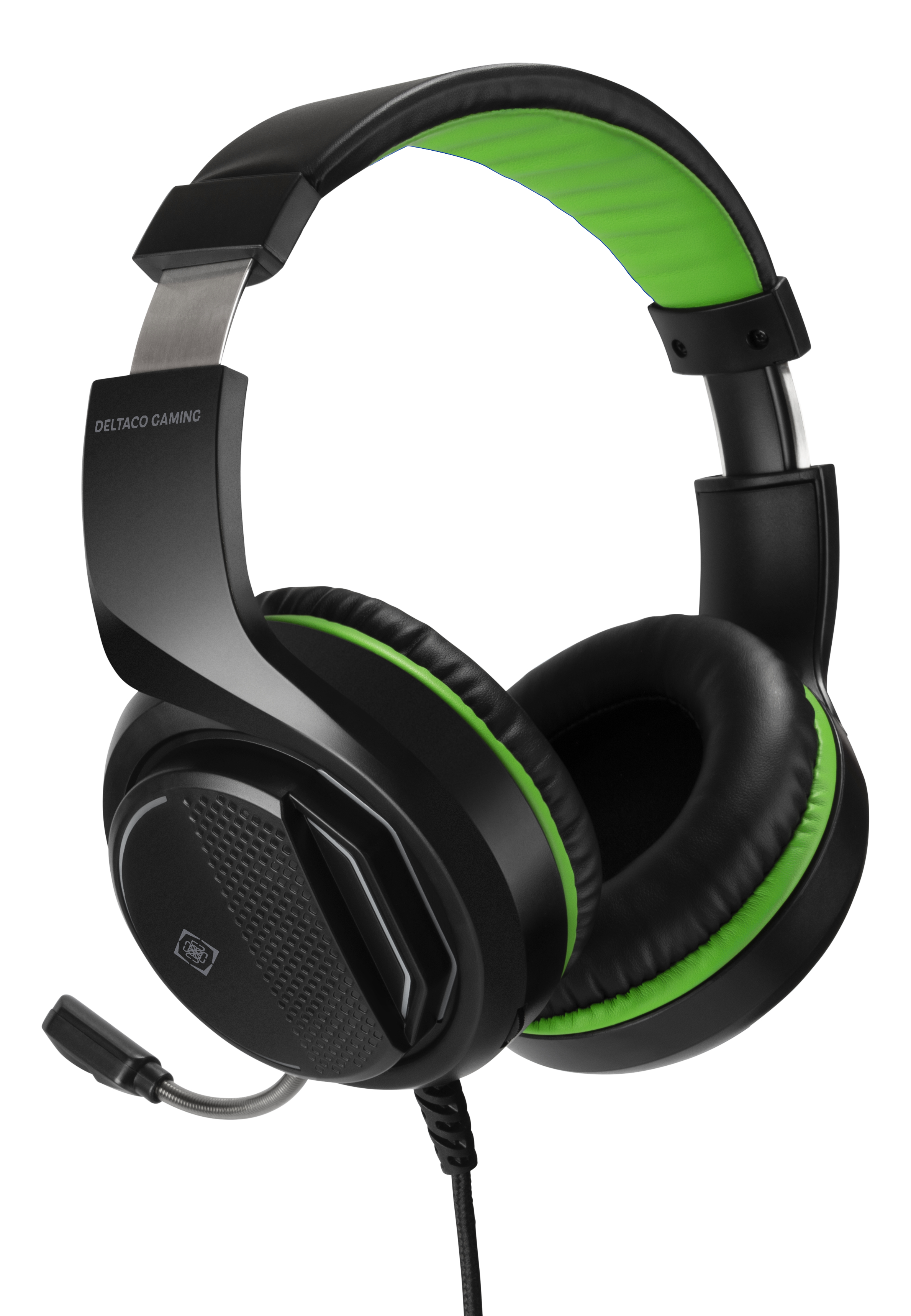 Schwarzes und grünes Gaming-Headset mit Mikrofon.