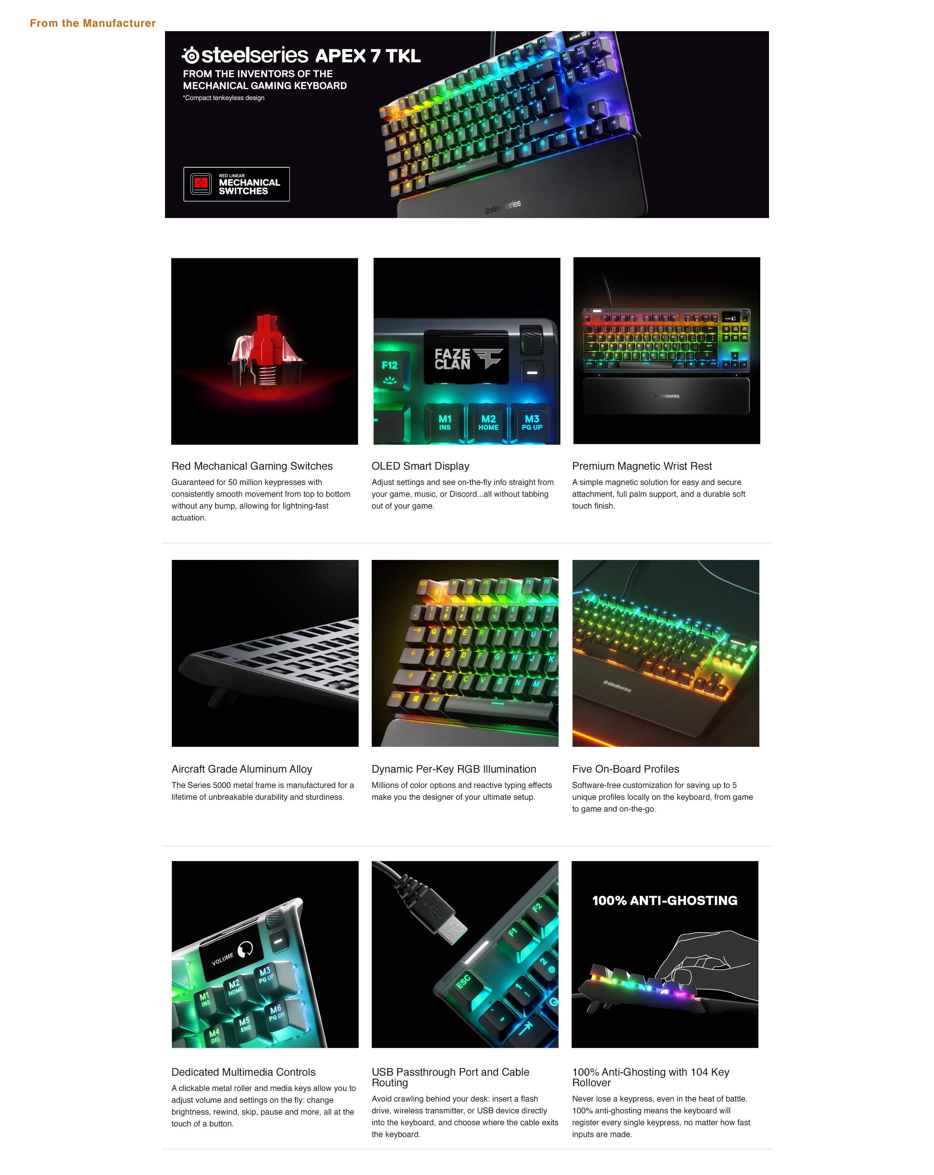 Klawiatura Steelseries Apex 7 TKL. Funkcje obejmują przełączniki mechaniczne, podświetlenie RGB i elementy sterowania multimediami.