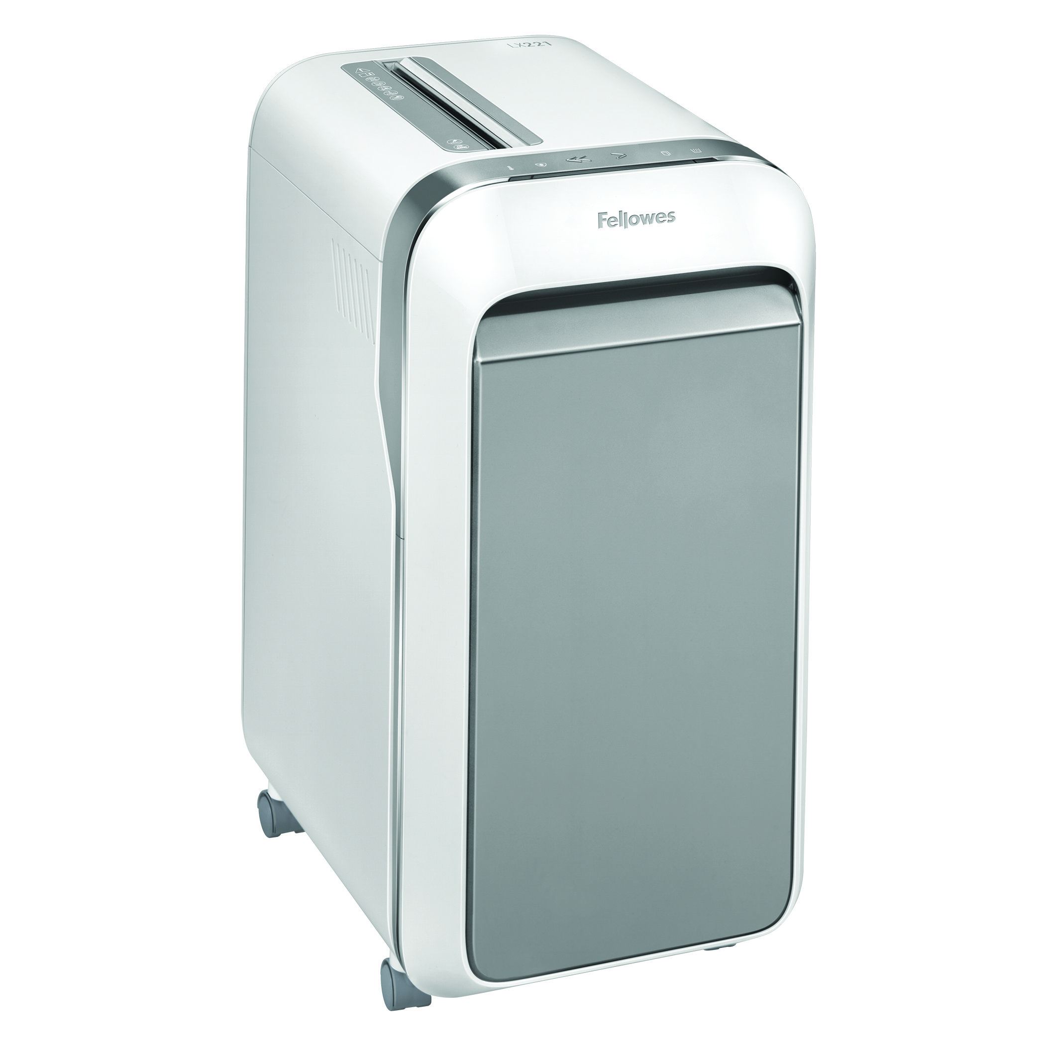 White and gray paper shredder. It has a gray front and is on wheels.