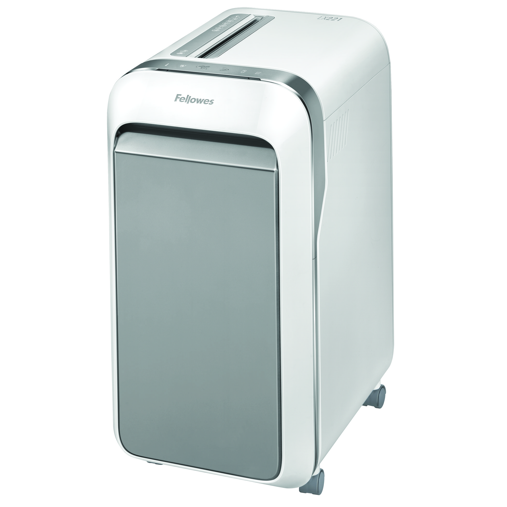 White paper shredder with a gray front panel. It is on wheels.