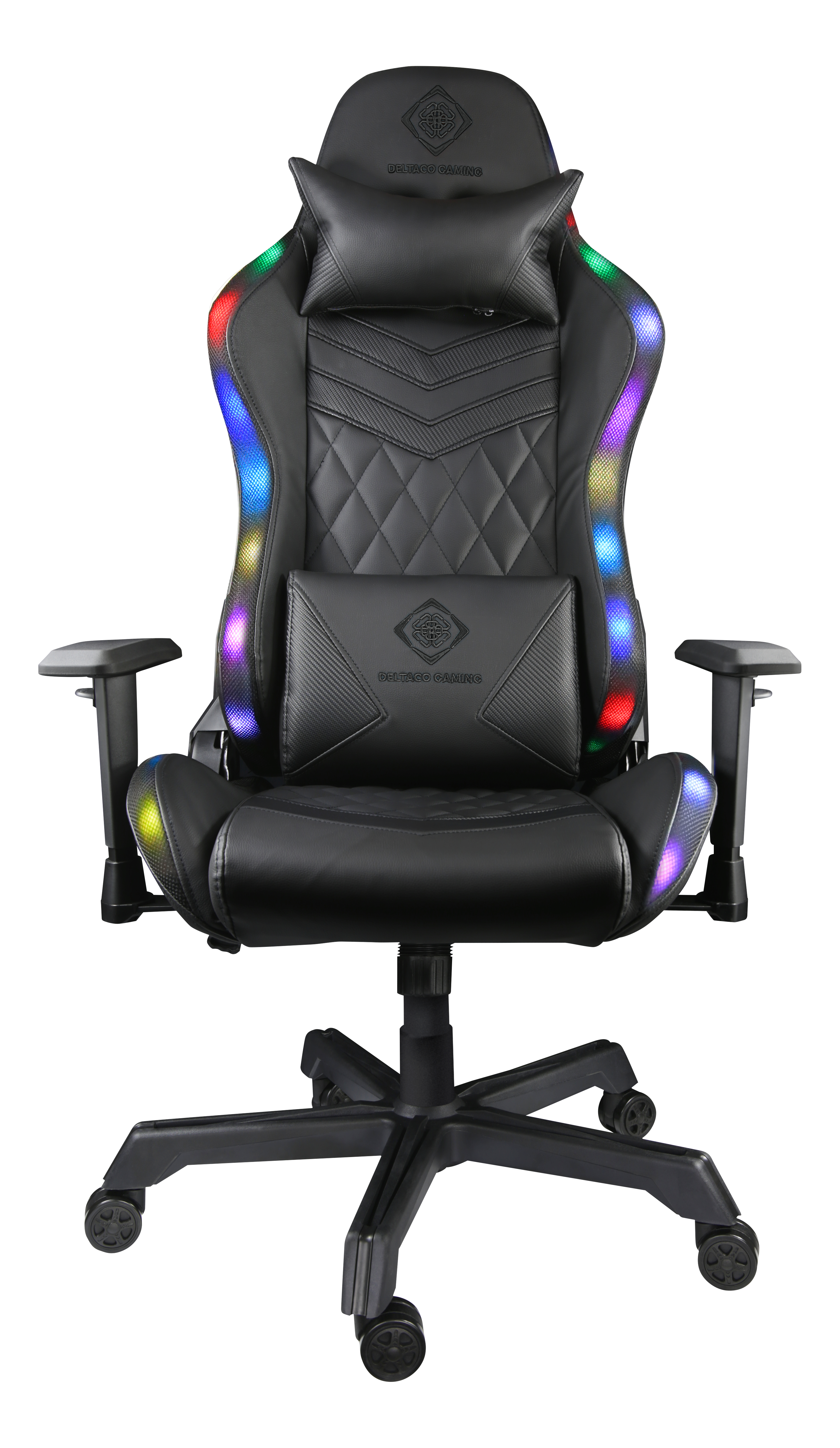Schwarzer Gaming-Stuhl mit LED-Leuchten an den Seiten. Mit Kopfstütze, Lordosenstütze und Armlehnen. Schwarze und silberne Akzente.