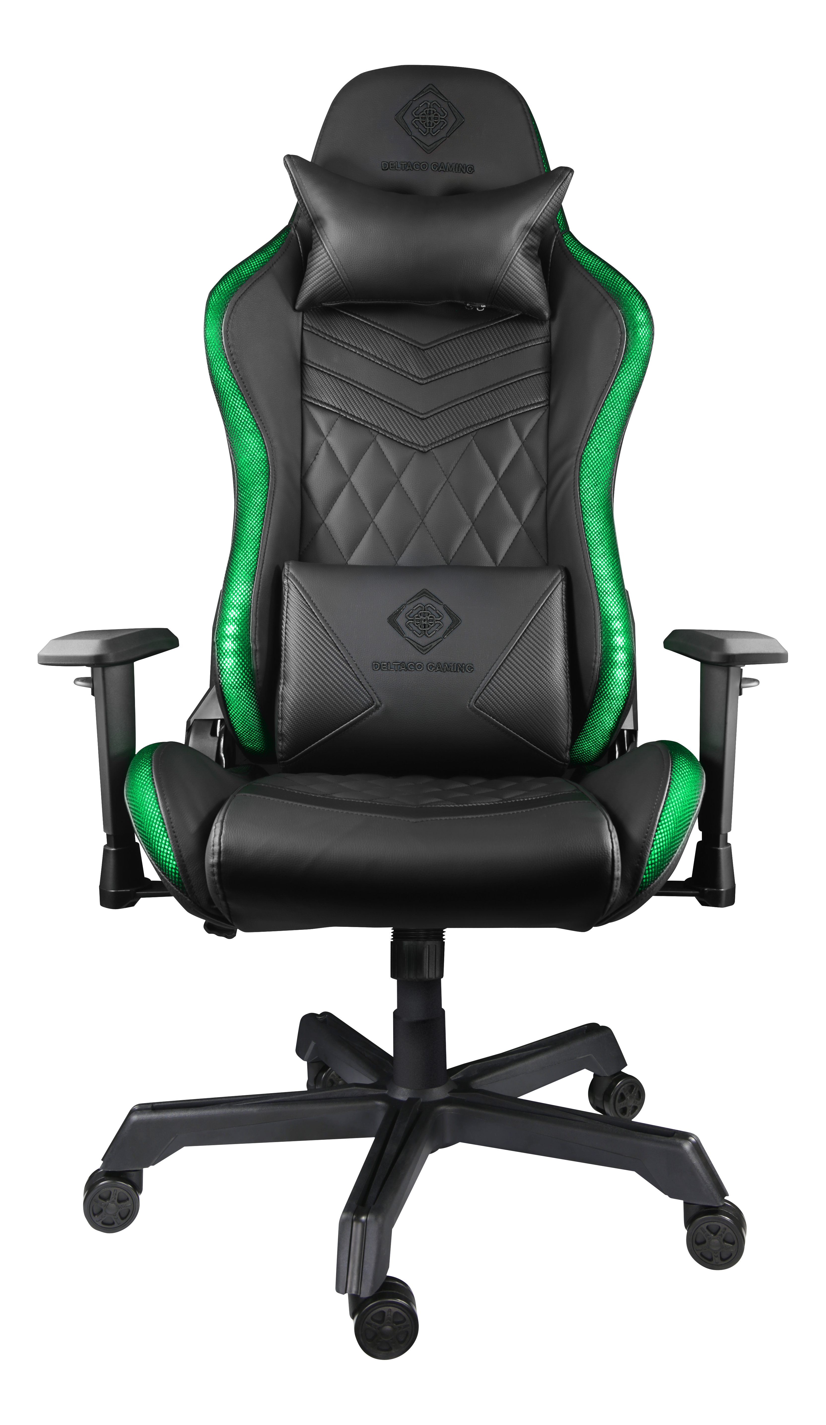 Ein schwarz-grüner Gaming-Stuhl. Er hat ein Kopfstützenkissen und ein Lendenwirbelstützkissen.
