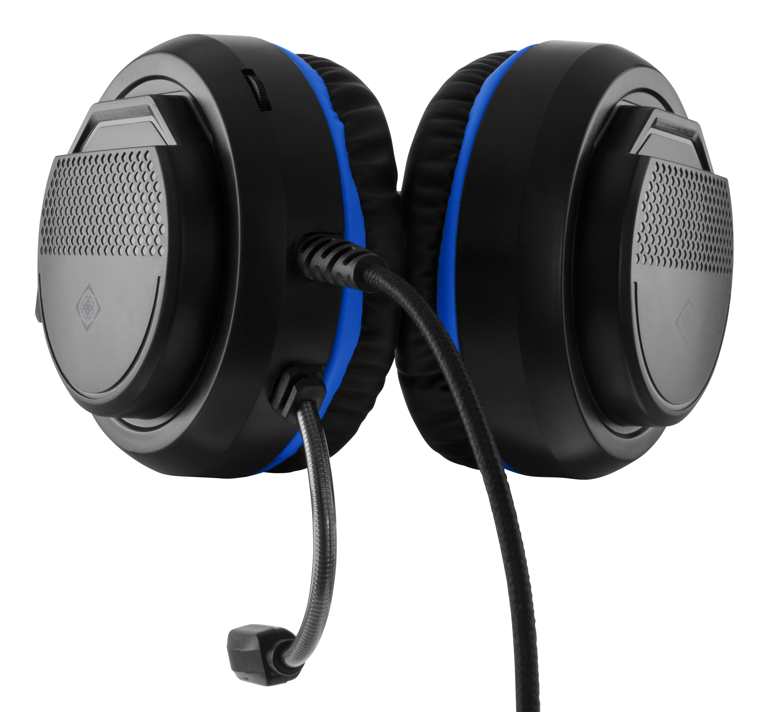 Cuffie da gaming nere e blu con microfono, che mostrano i padiglioni con un cavo.