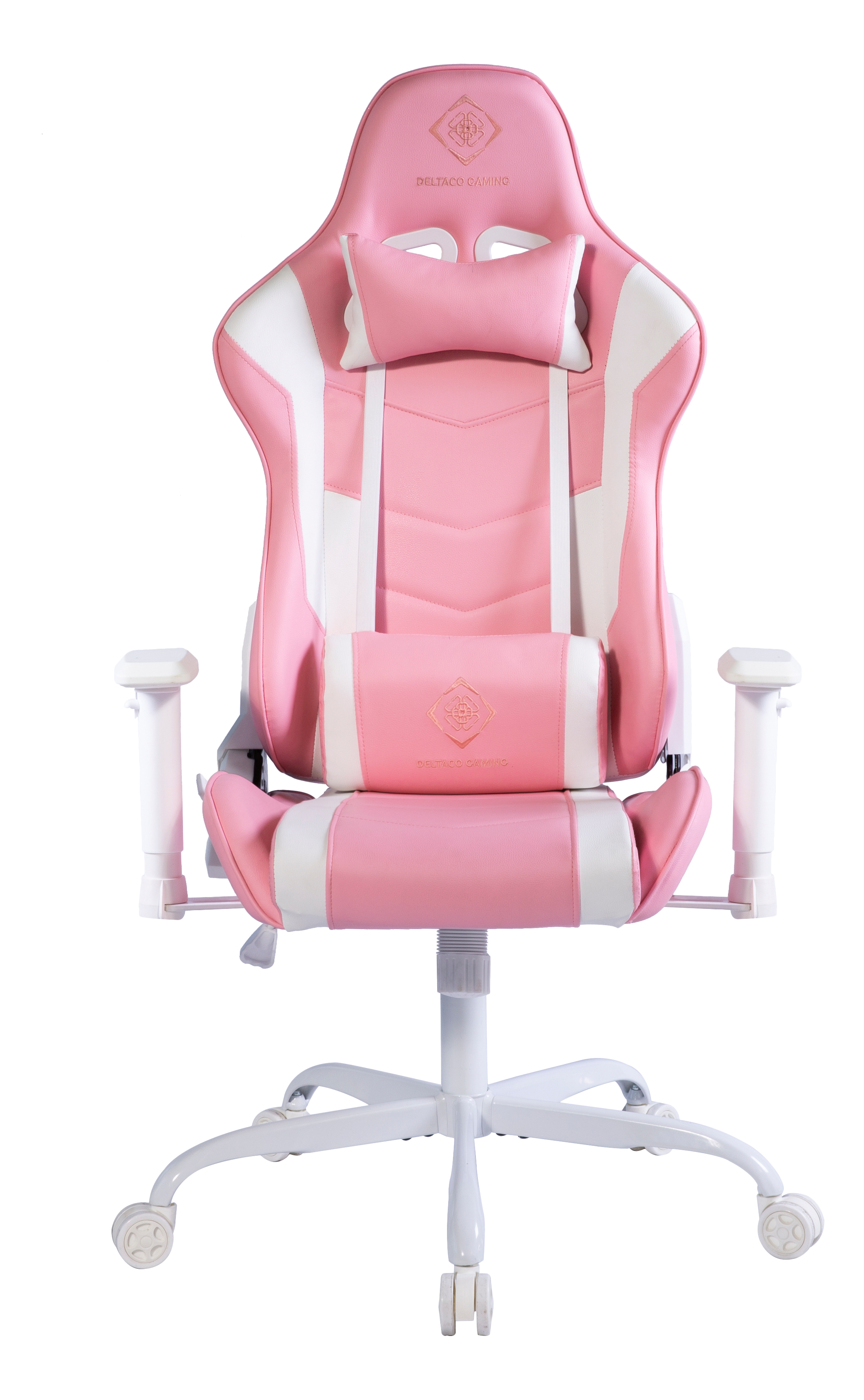 Rosa und weißer Gaming-Stuhl. Hochlehner-Design mit Kopf- und Lendenkissen.