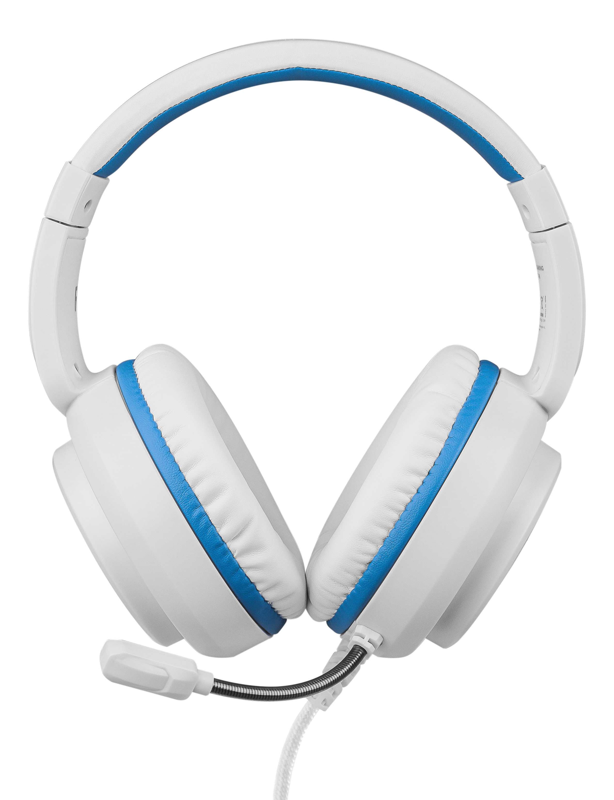 Weiße und blaue Kopfhörer mit Mikrofon und weißem Kabel. Isoliert auf Weiß.