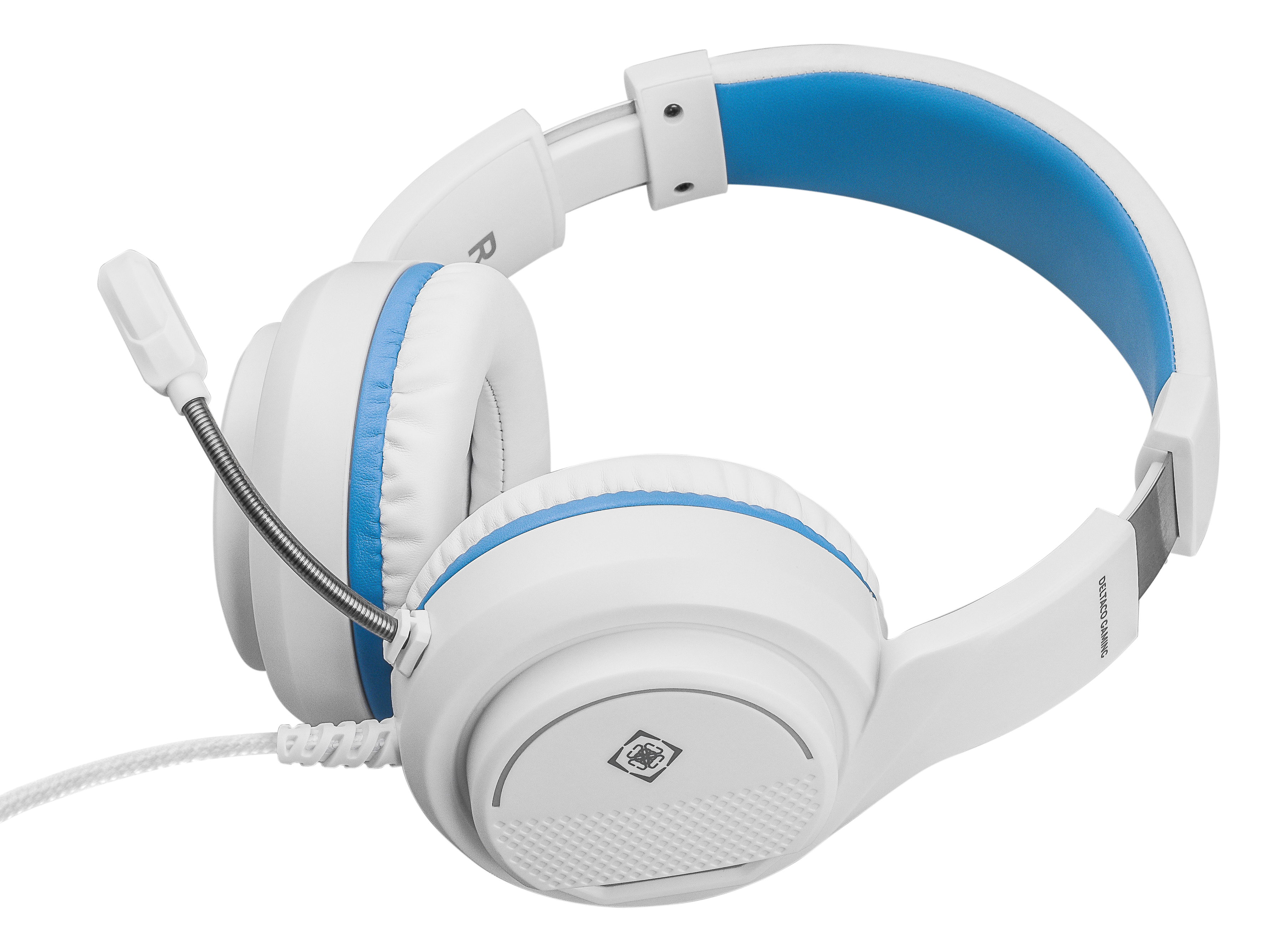 Weißes und blaues Gaming-Headset mit Mikrofon und weißem Kabel.