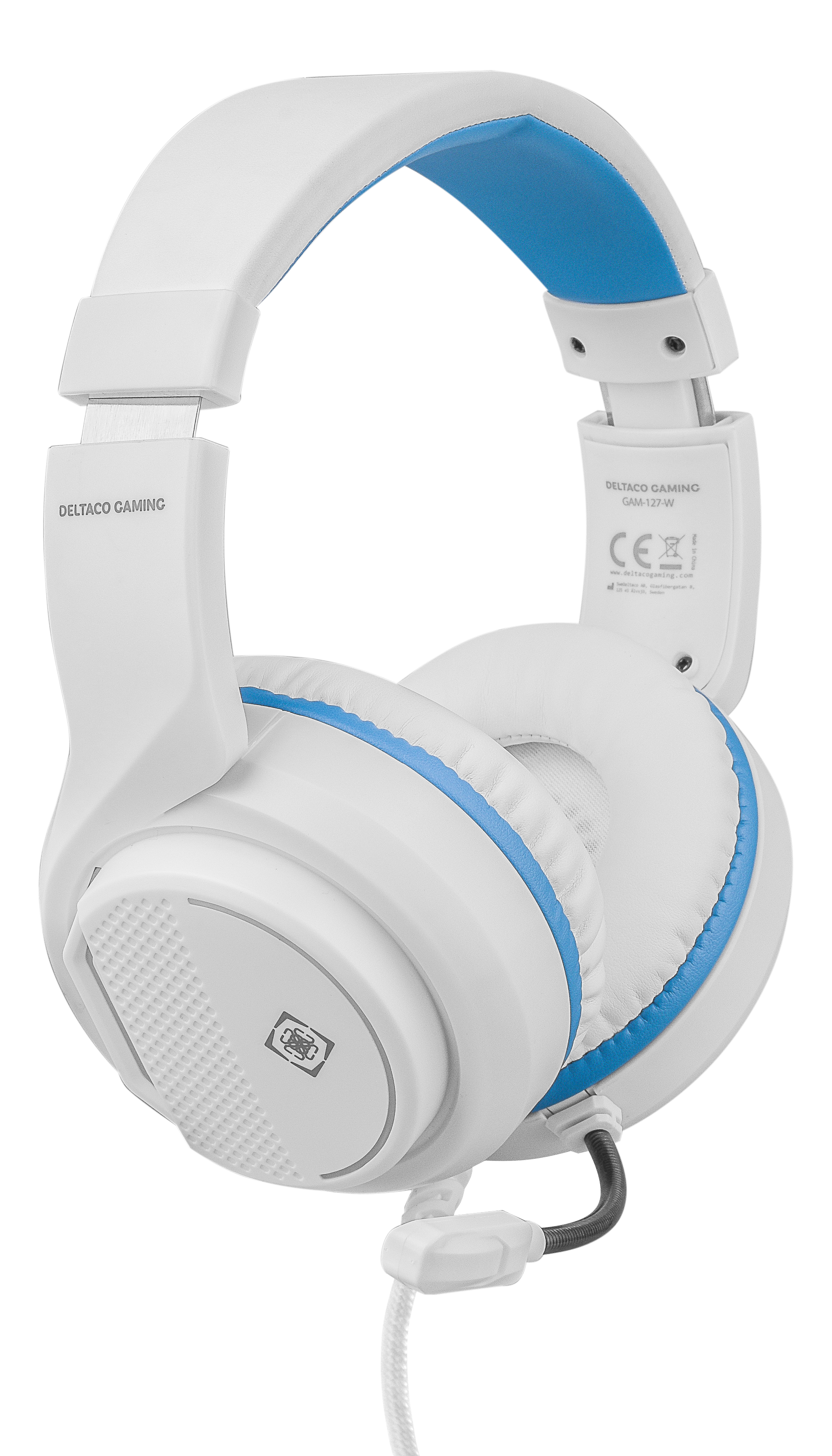 White and blue gaming headphones with a cable and earcups.