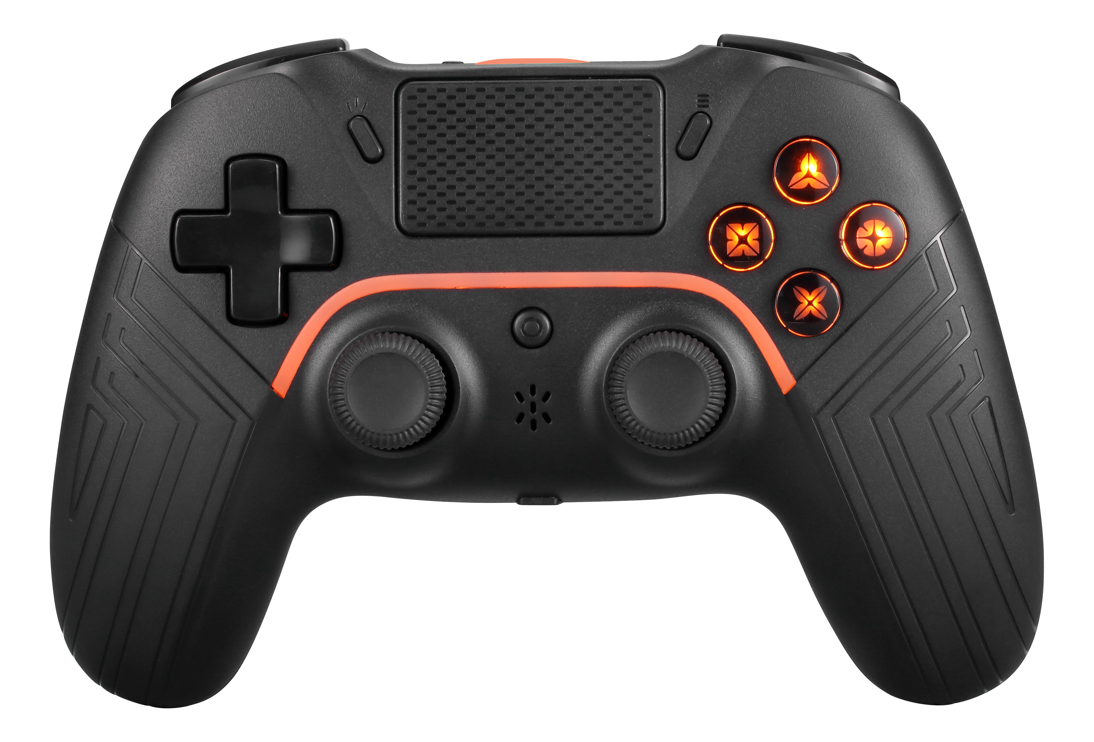 Schwarzer und orangefarbener Gamecontroller mit leuchtenden orangefarbenen Knöpfen und einem kreuzförmigen Steuerkreuz.