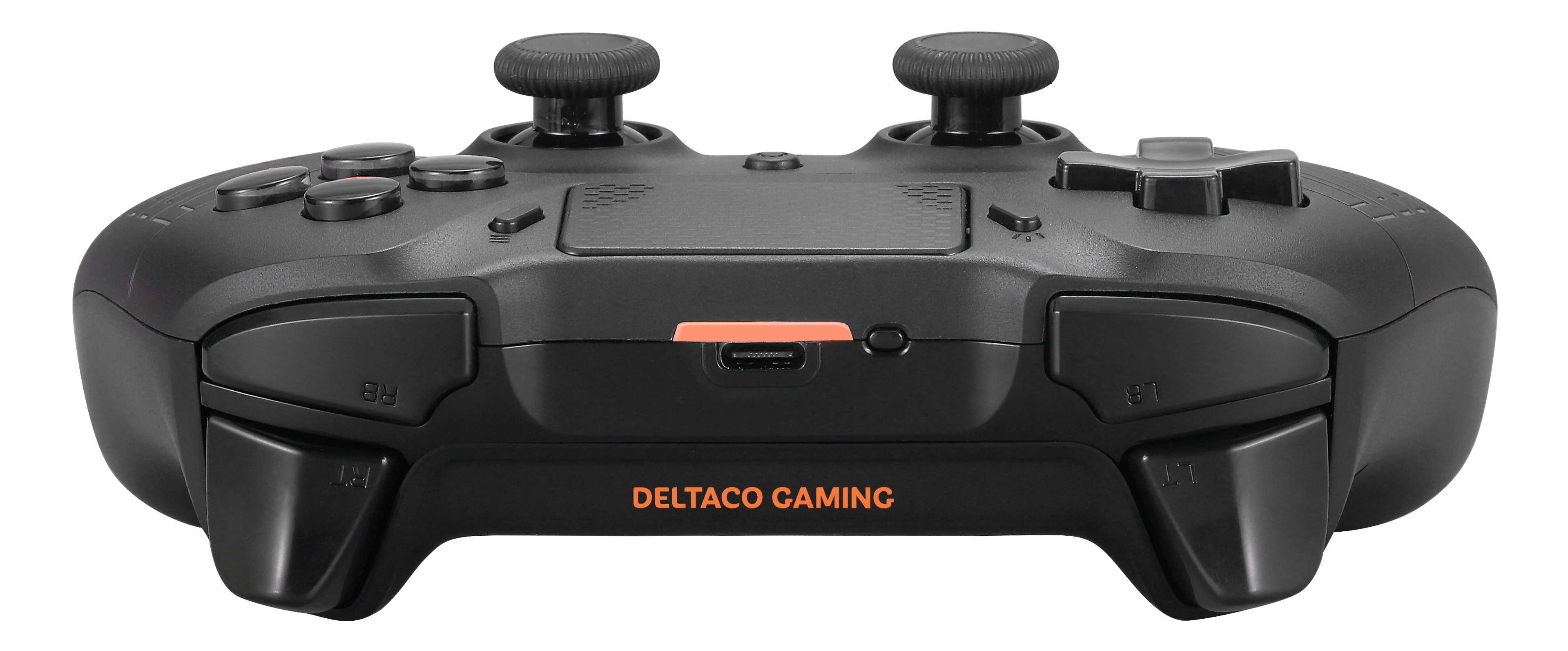 Schwarzer Gamecontroller mit verschiedenen Tasten und DELTACO GAMING Logo. Weißer Hintergrund.