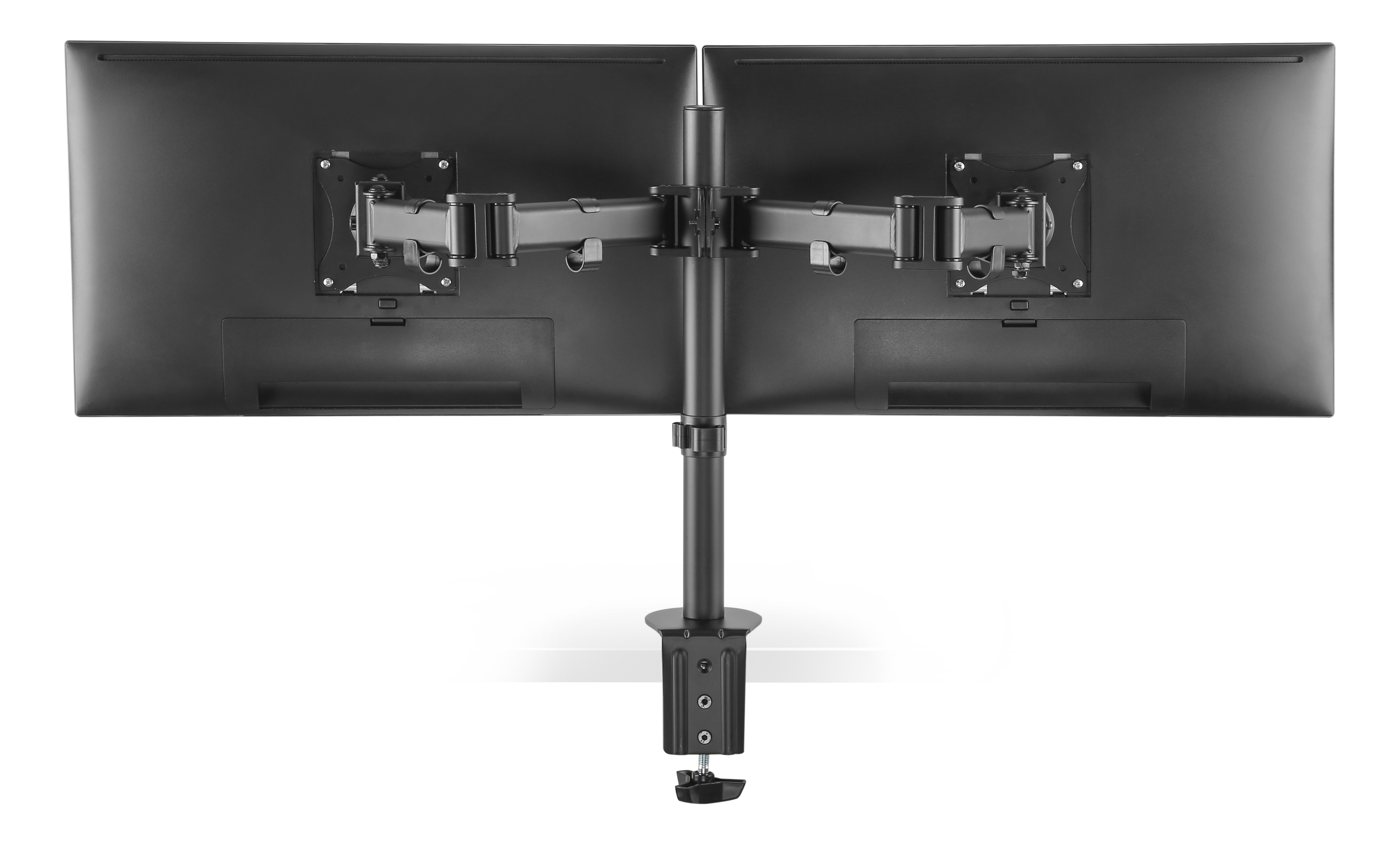 Zwei schwarze Computermonitore, die auf einem Ständer montiert sind, von hinten vor weißem Hintergrund betrachtet.