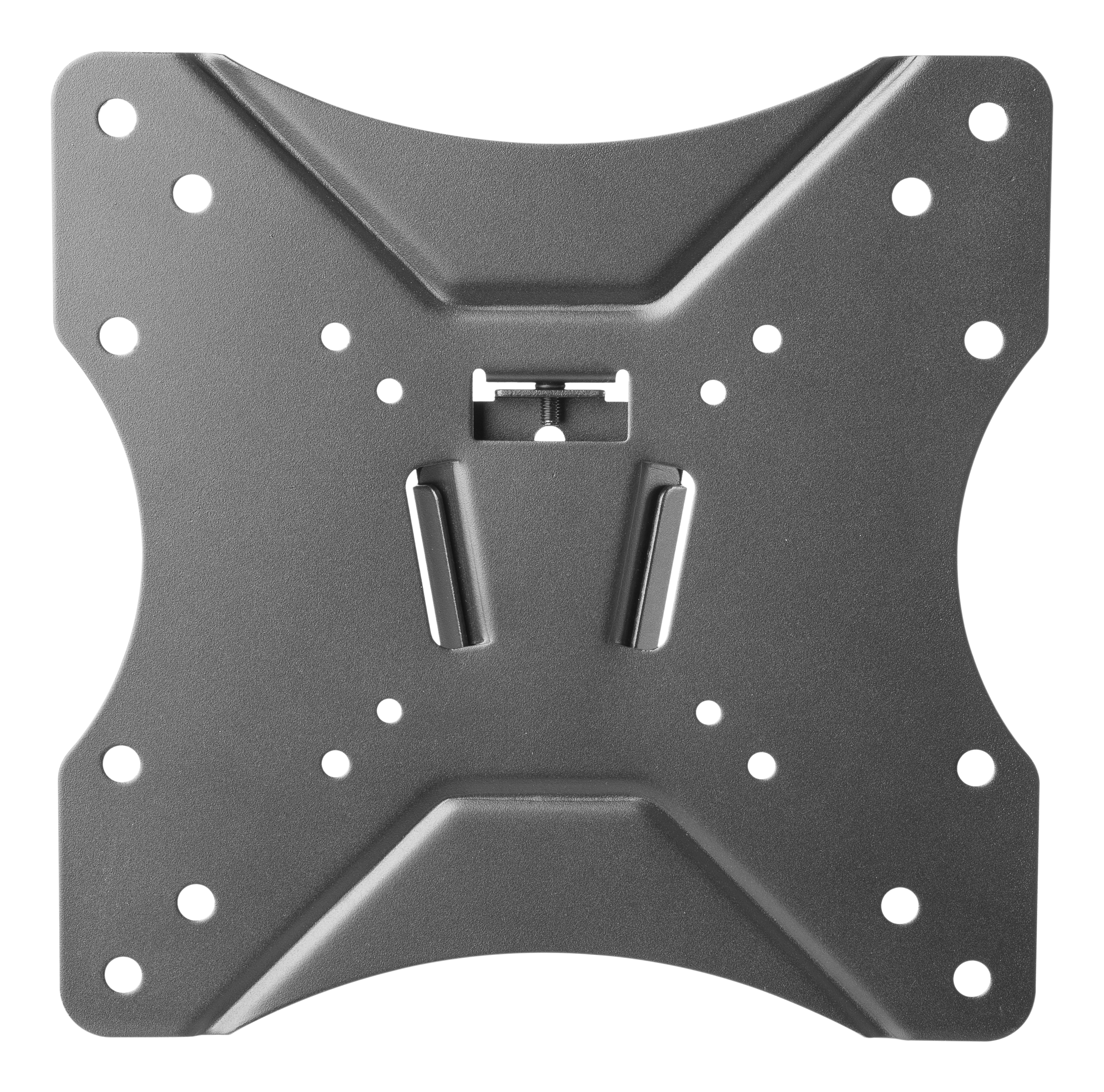 Een metalen, grijze vierkante beugel voor een tv. Heeft verschillende schroefgaten.