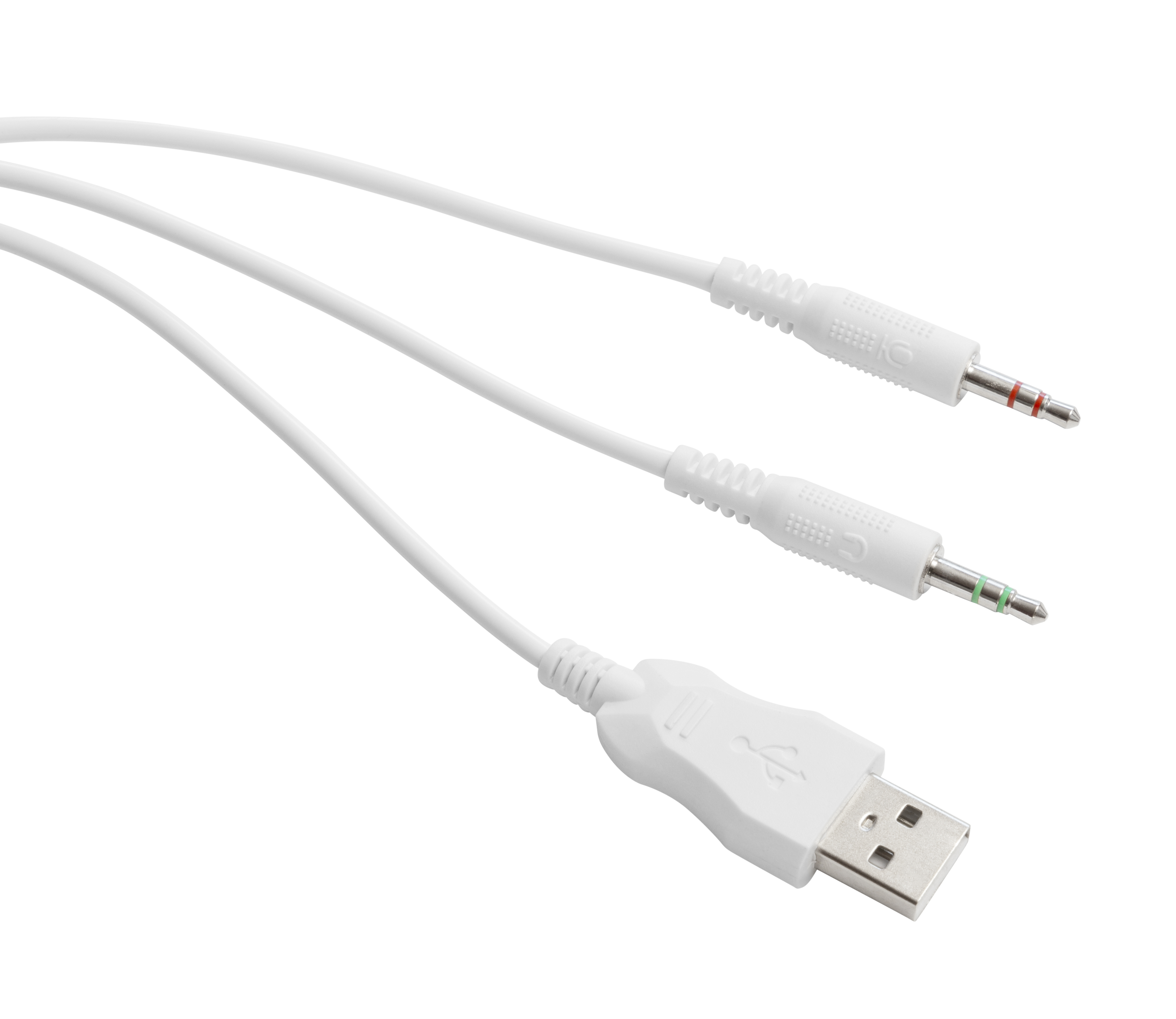 Trzy białe kable audio: dwa 3,5 mm i jedno złącze USB.