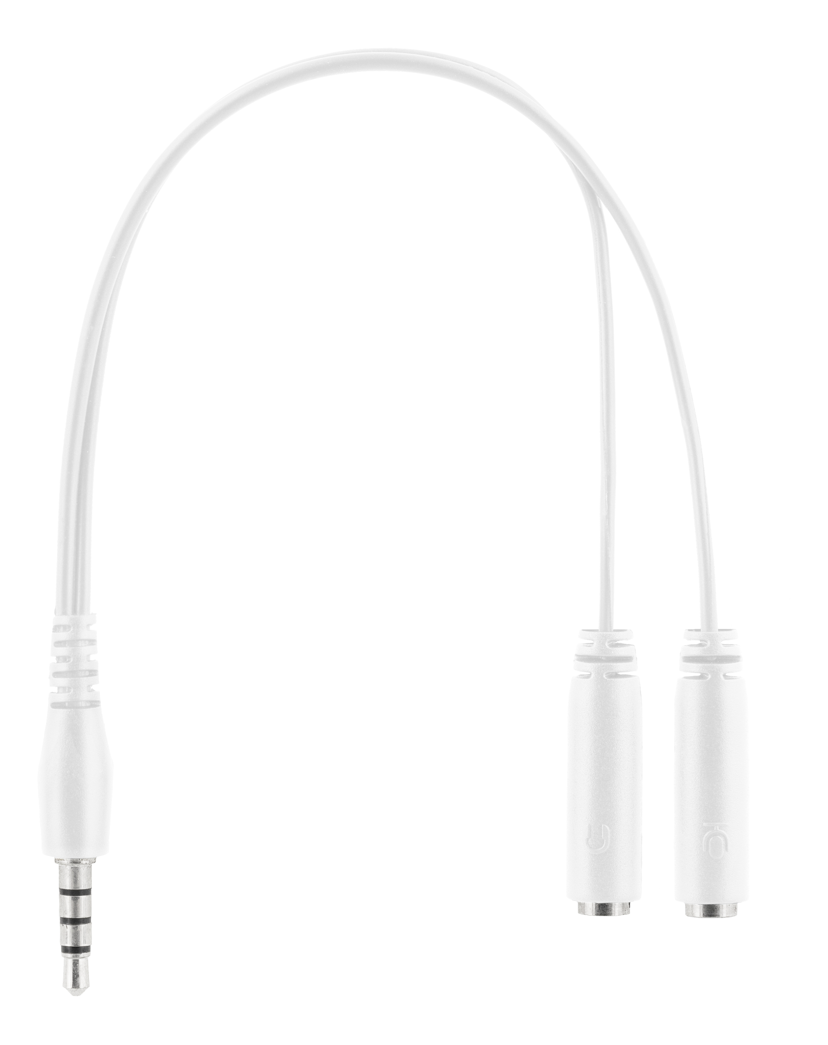 Biały kabel rozdzielacza audio z wtyczką 3,5 mm i dwoma żeńskimi złączami.