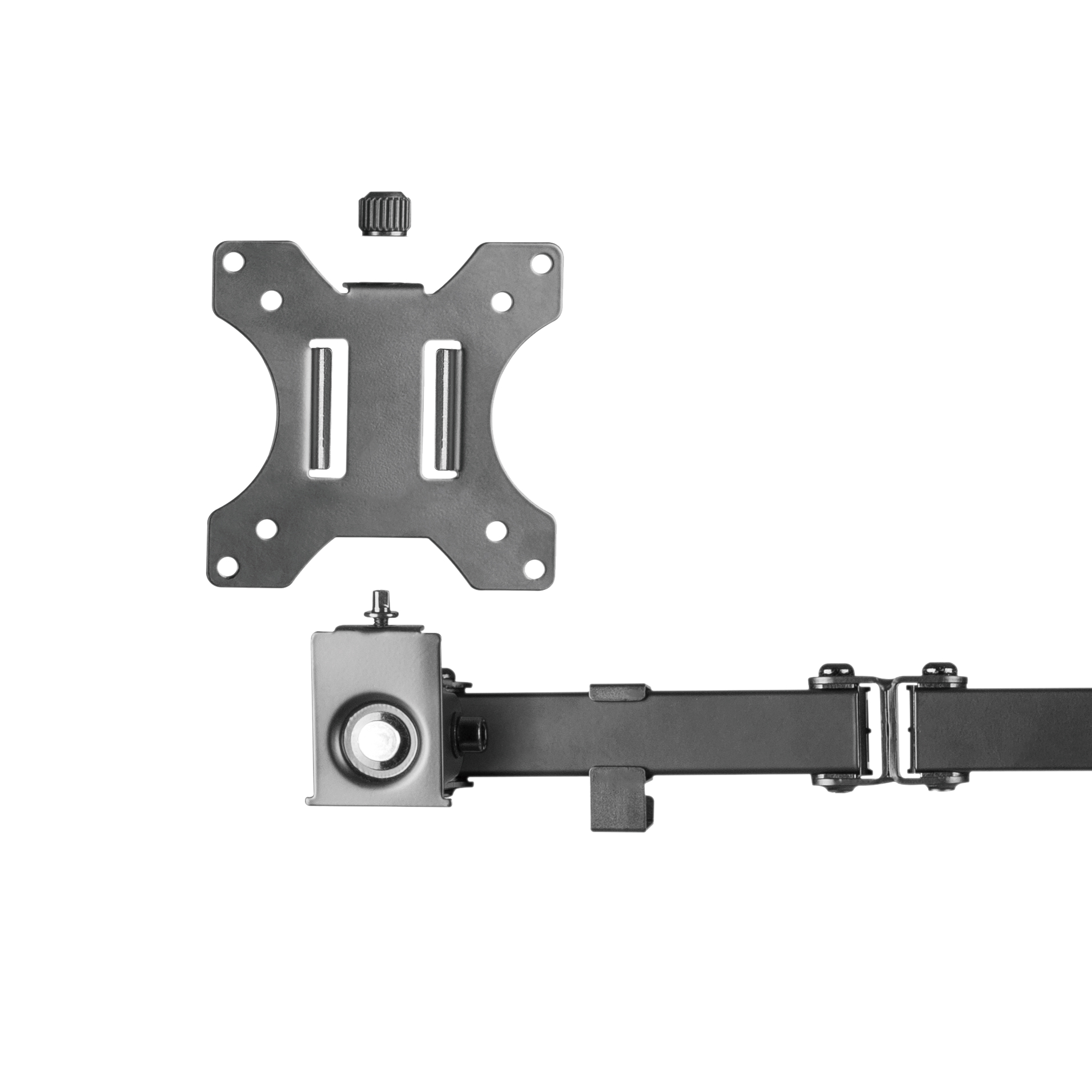 Black monitor mount parts on white background. Includes a bracket, arm, and screw.