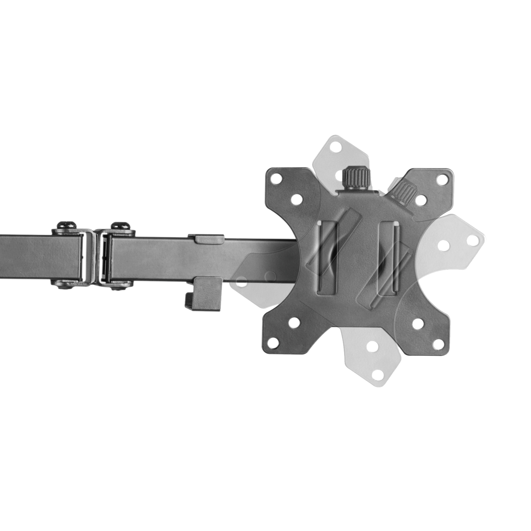Monitor arm mount, gray metal. Multiple pivot points.