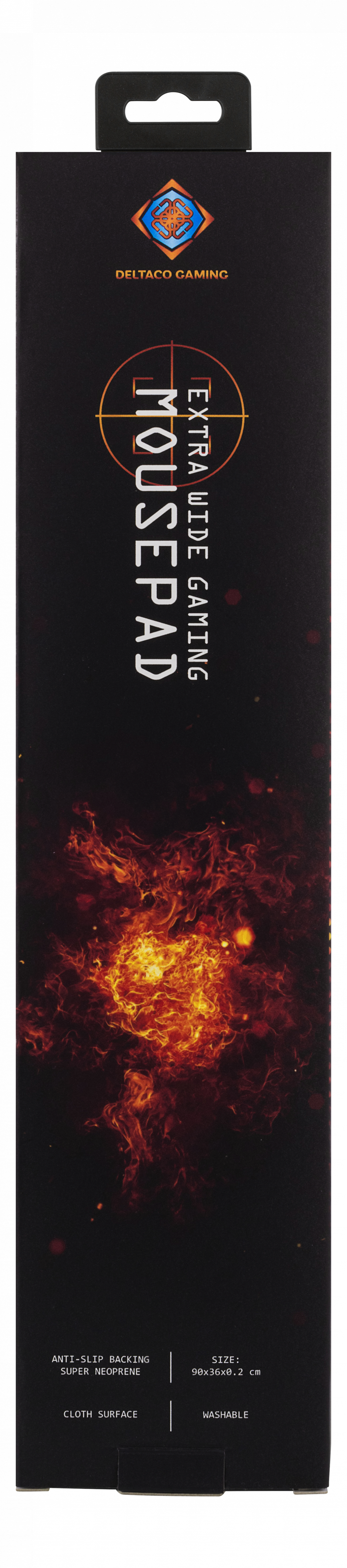 Długie, czarne pudełko na podkładkę pod mysz z tekstem i motywem galaktyki.