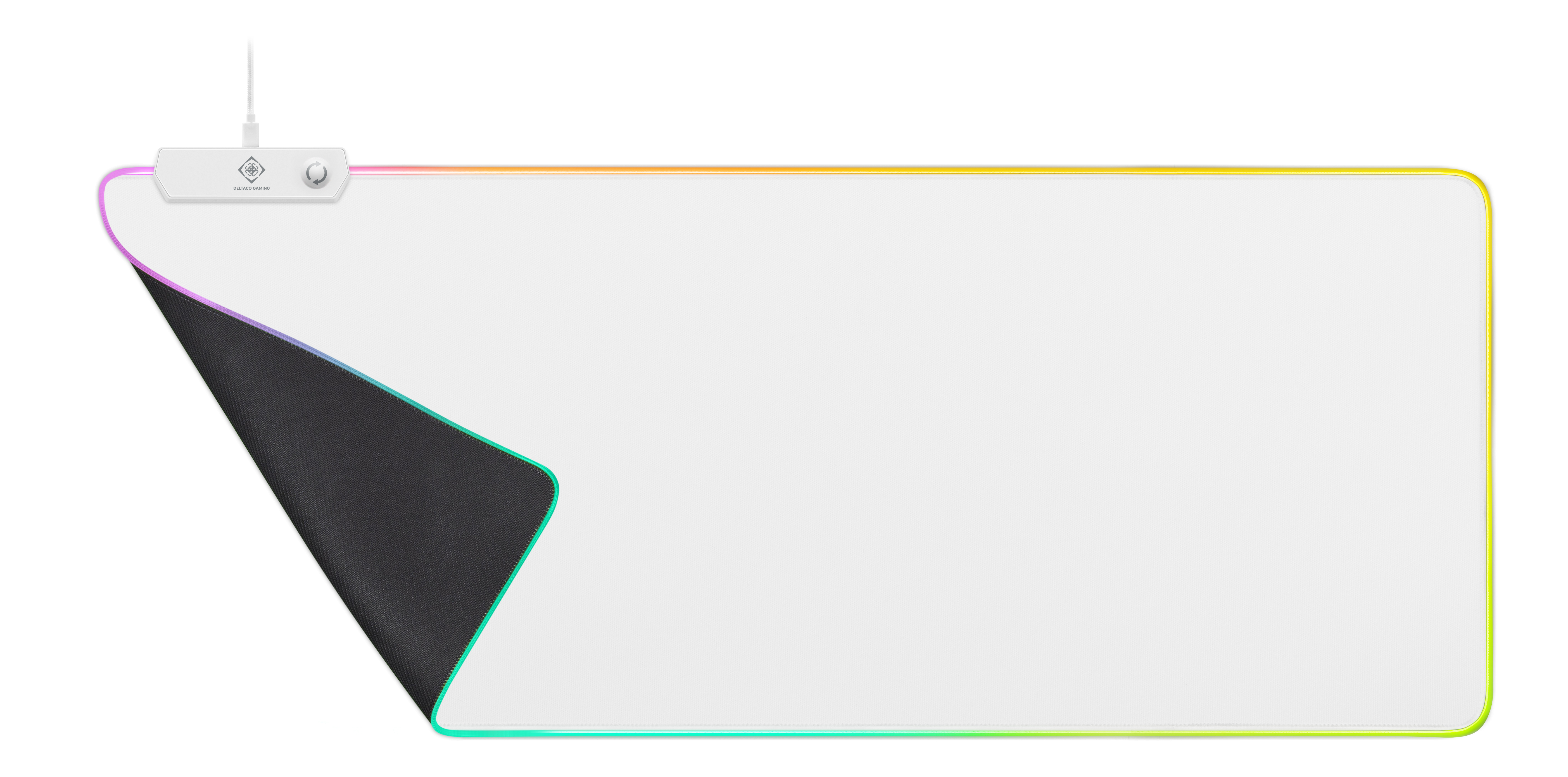 White and colorful gaming mousepad, with a light up edge and a white control panel.