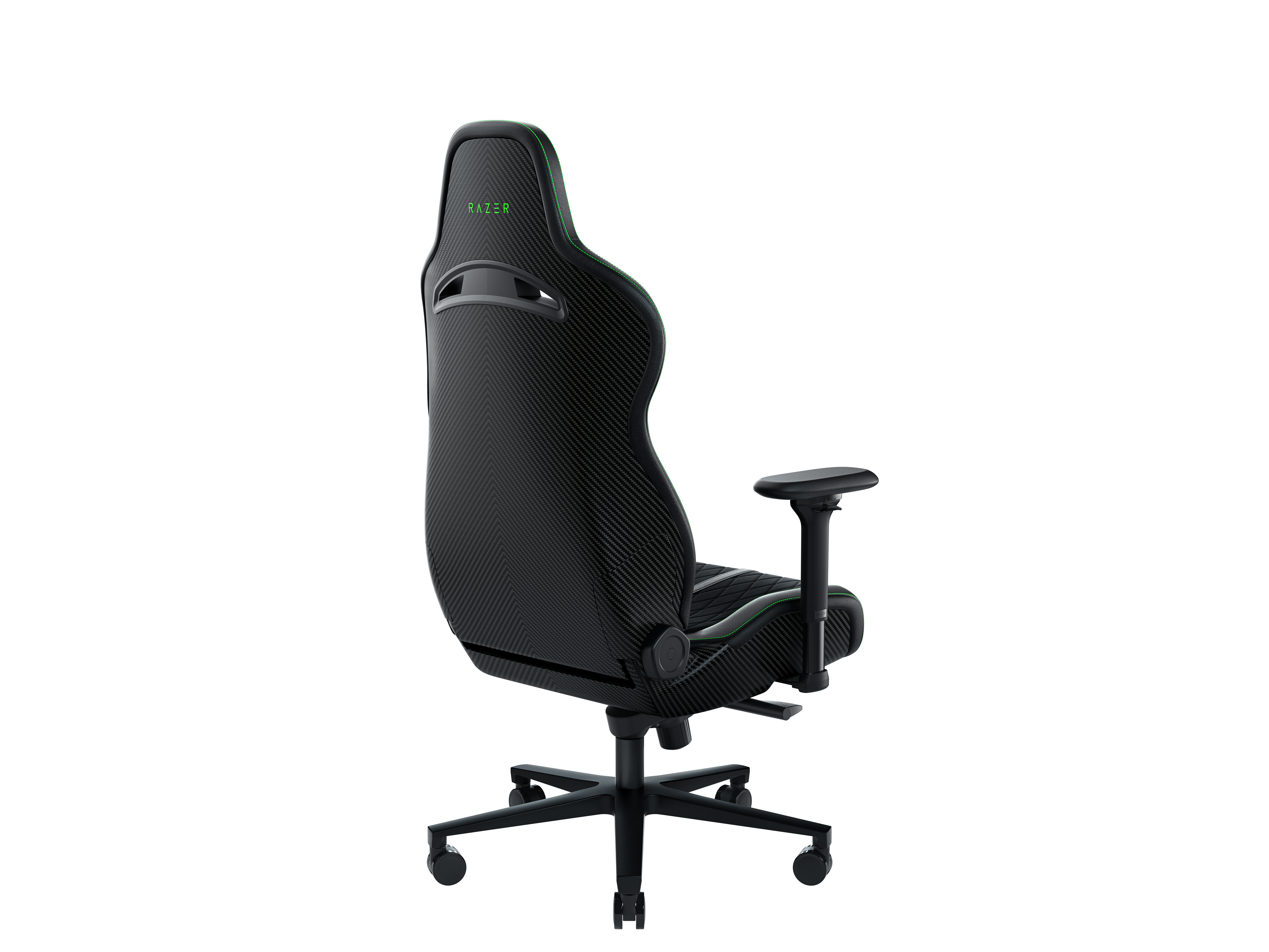 Schwarzer Gaming-Stuhl mit grünen Akzenten. Der Stuhl ist zur Seite abgewinkelt.