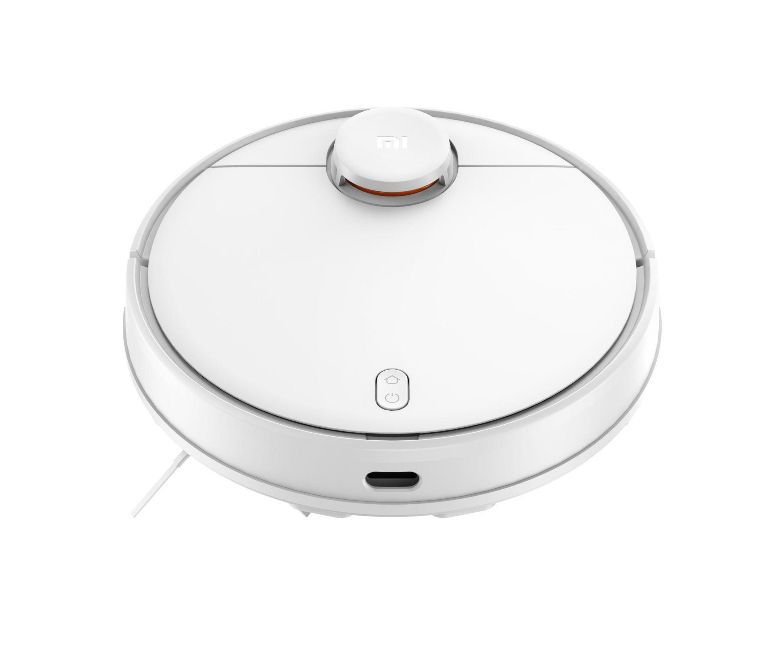 Weißer, kreisförmiger Roboter-Staubsauger mit auffälliger oberer Taste und seitlichem Sensor, weißer Hintergrund.