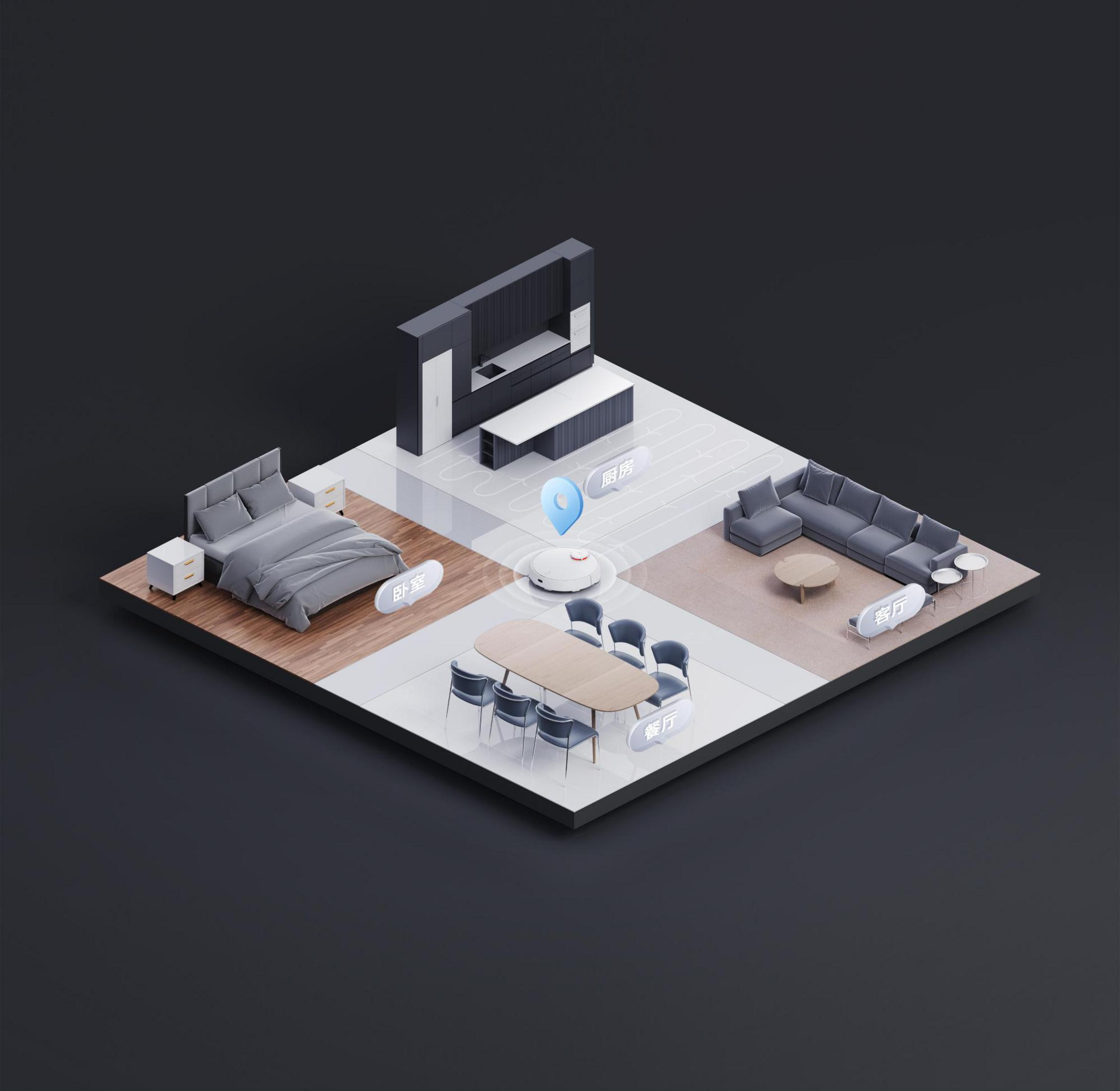Isometrische Ansicht eines Smart Homes mit beschrifteten Räumen und einem Roboterstaubsauger.