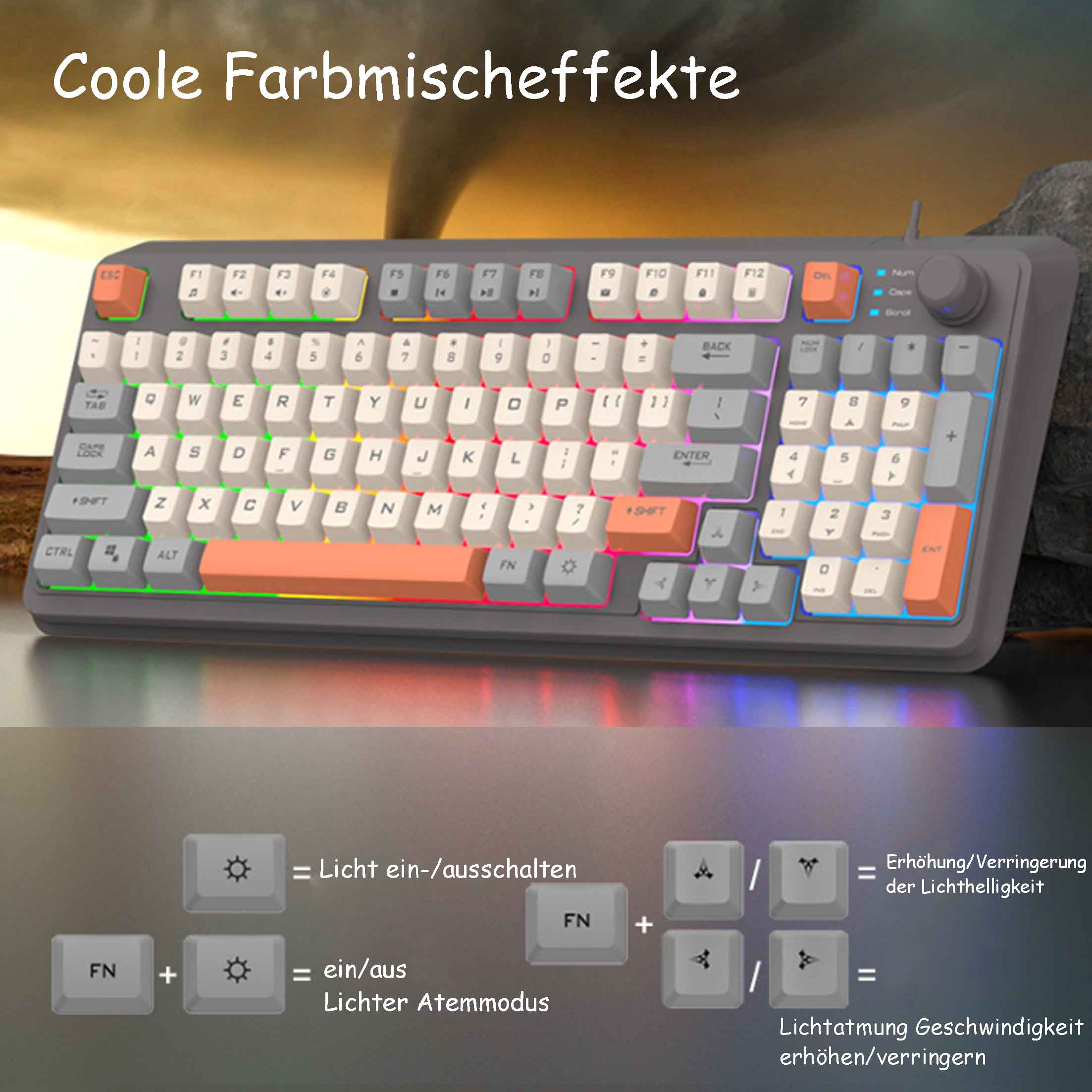 Eine hintergrundbeleuchtete Tastatur mit bunten Tasten und deutschem Text wird angezeigt.