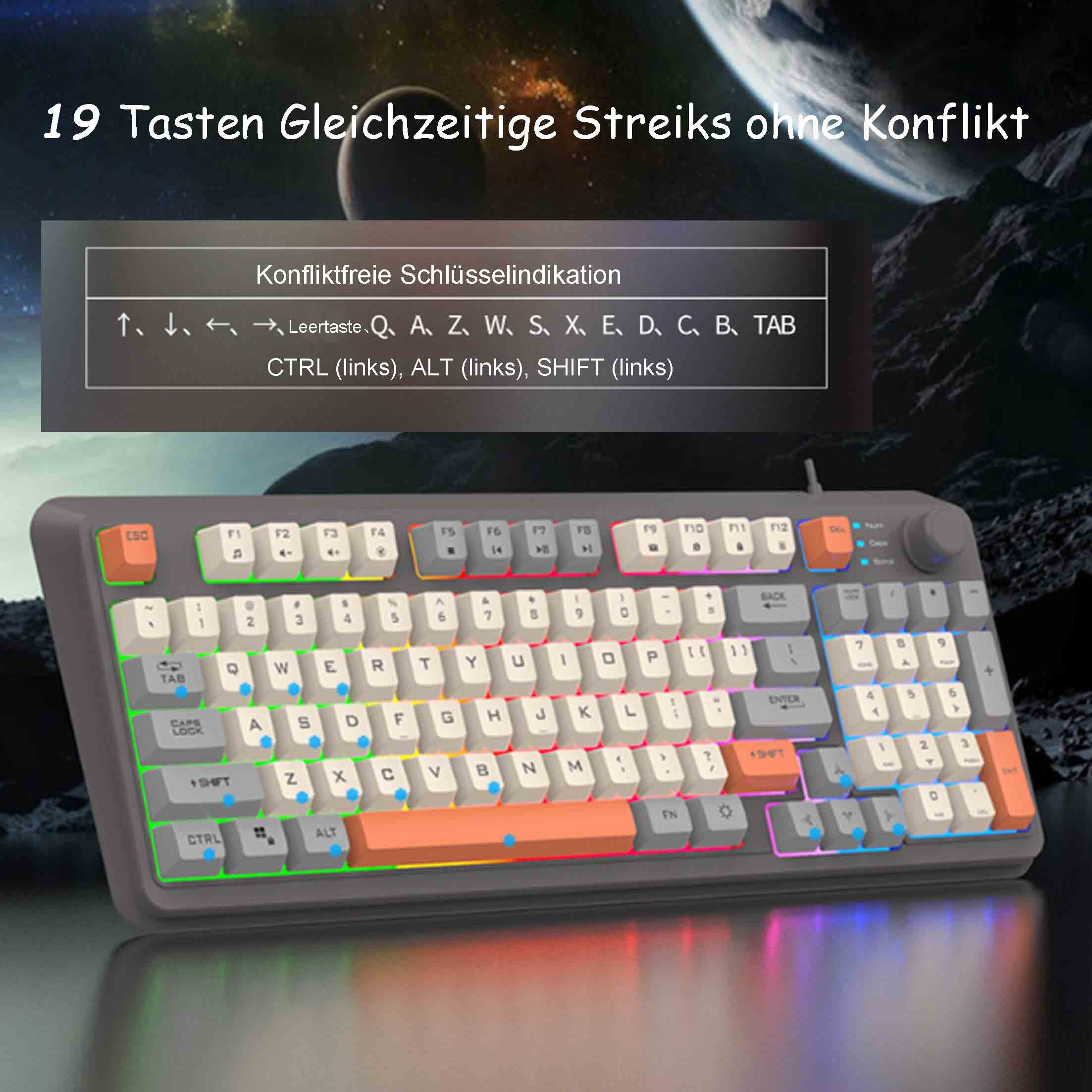 Graue Tastatur mit bunten Tasten und Textüberlagerung.