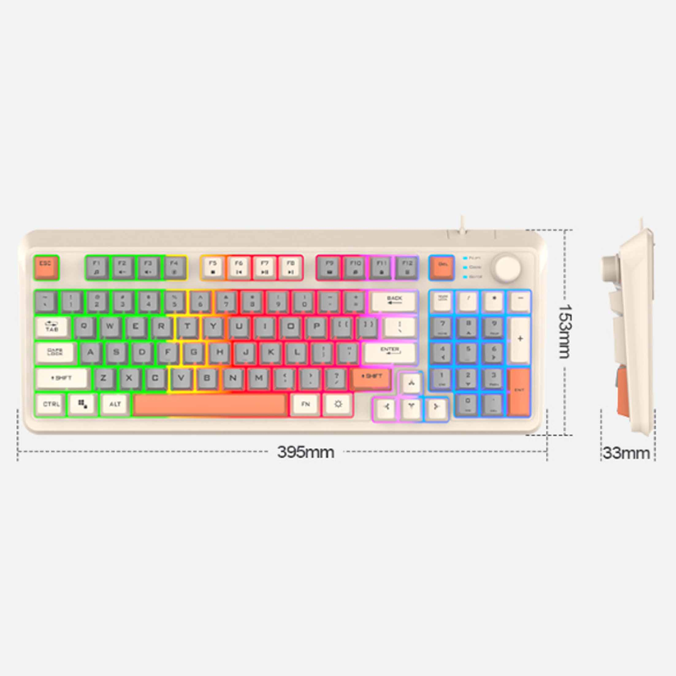 Eine Tastatur mit farbigen Tasten, mit Abmessungen in mm. Sie ist auf weißem Hintergrund.