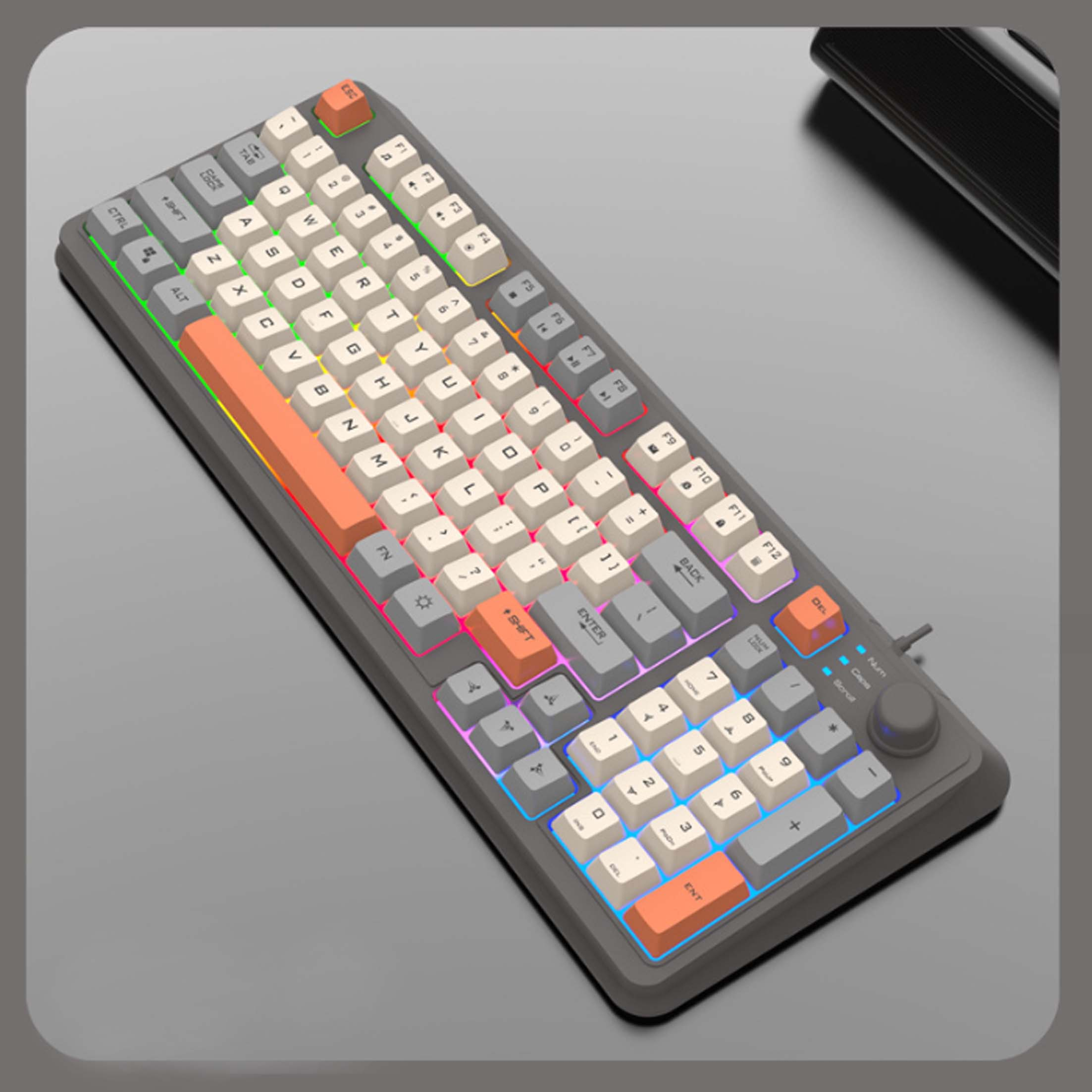 Eine mechanische Tastatur mit orangefarbenen, weißen und grauen Tasten. Die Tastatur hat einen Knopf rechts und farbige Lichter.