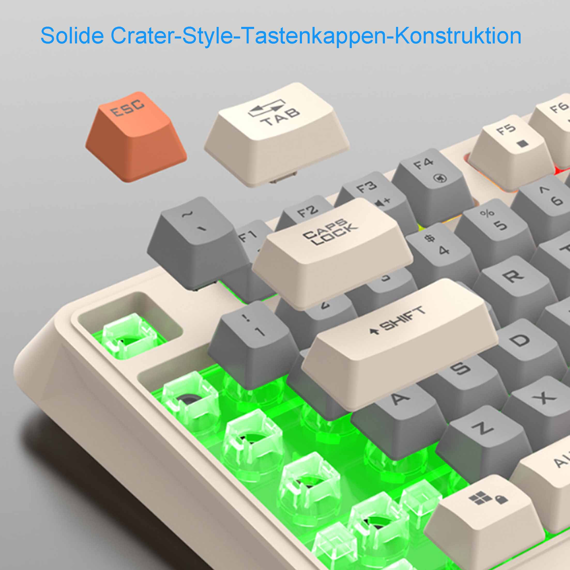 Nahaufnahme von Tastaturtasten. Die Tasten sind grau, weiß und orange. Das grüne Licht scheint.