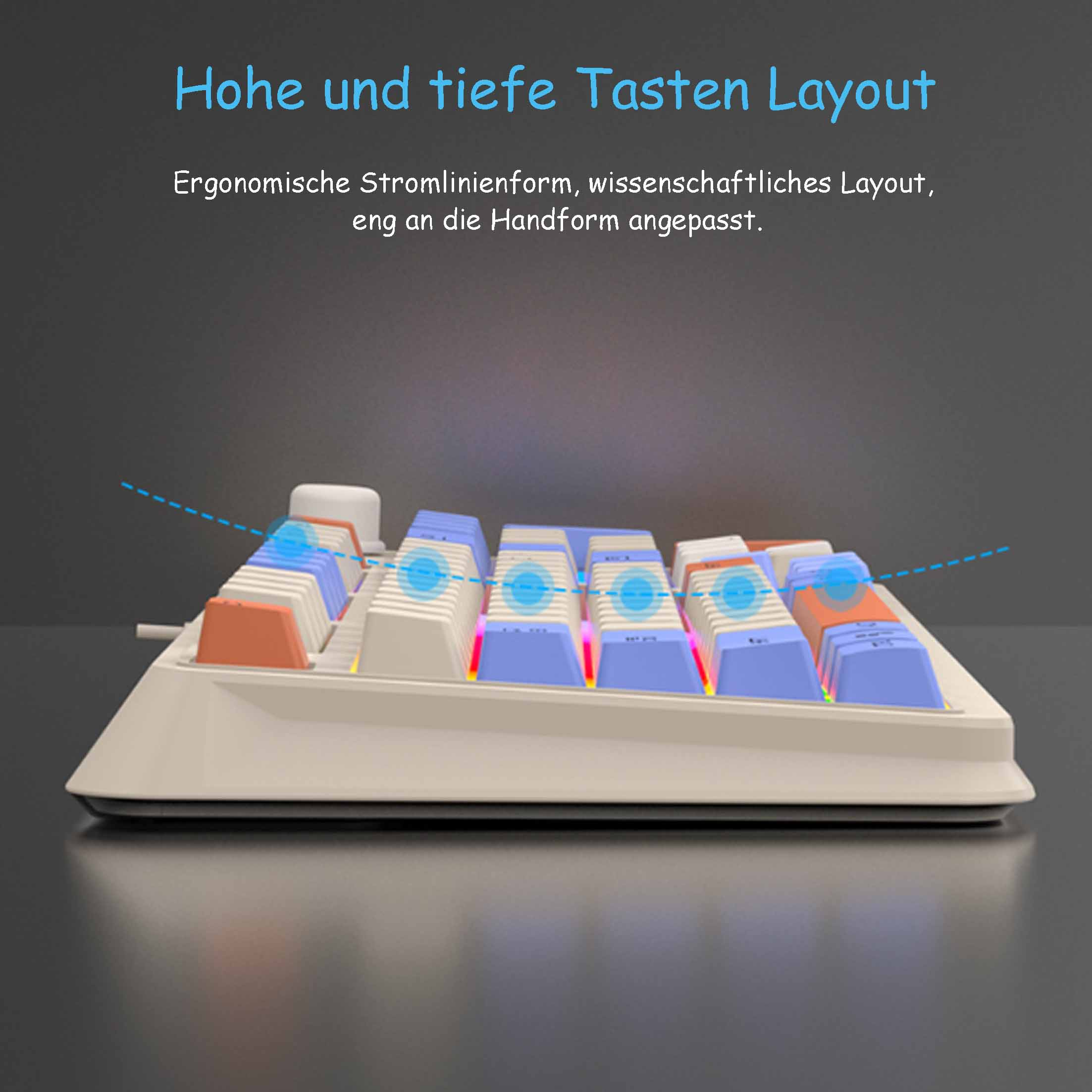 Tastatur mit hohem und niedrigem Tastenlayout, orange und blaue Tasten, auf weißgrauer Oberfläche.