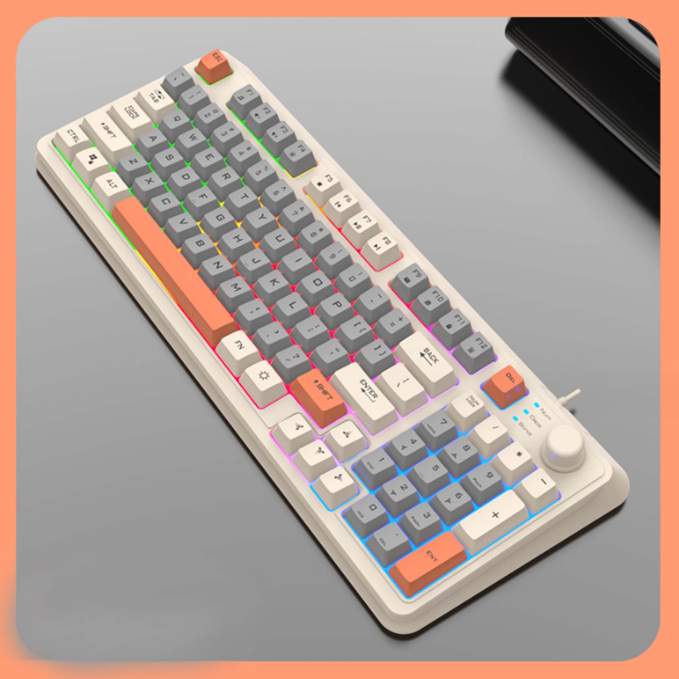 Eine weiße und orangefarbene mechanische Tastatur mit bunten beleuchteten Tasten.
