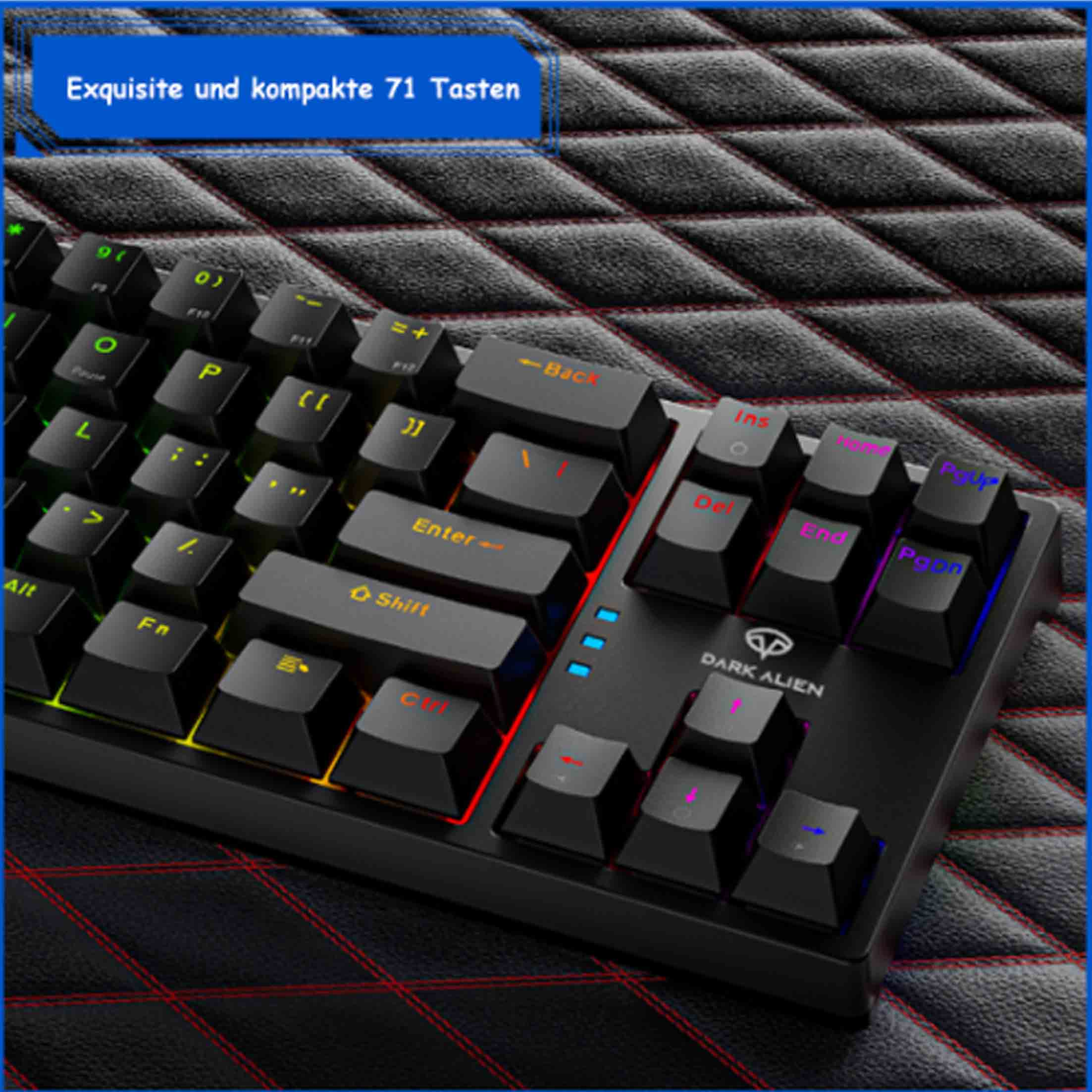 Czarna klawiatura z czerwonym i niebieskim oświetleniem. Czarno-czerwona wzorzysta powierzchnia.