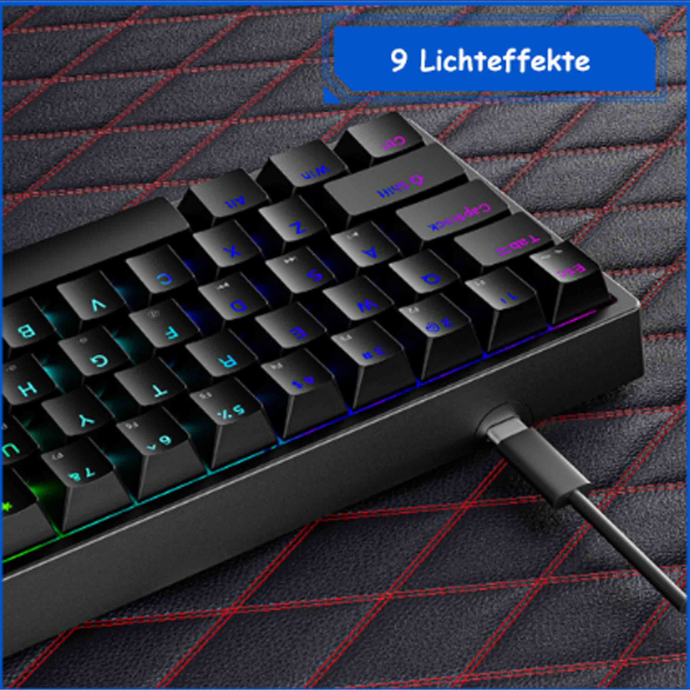 Czarna klawiatura z niebieskimi, zielonymi i fioletowymi podświetlanymi klawiszami, tekst '9 Efektów świetlnych'.