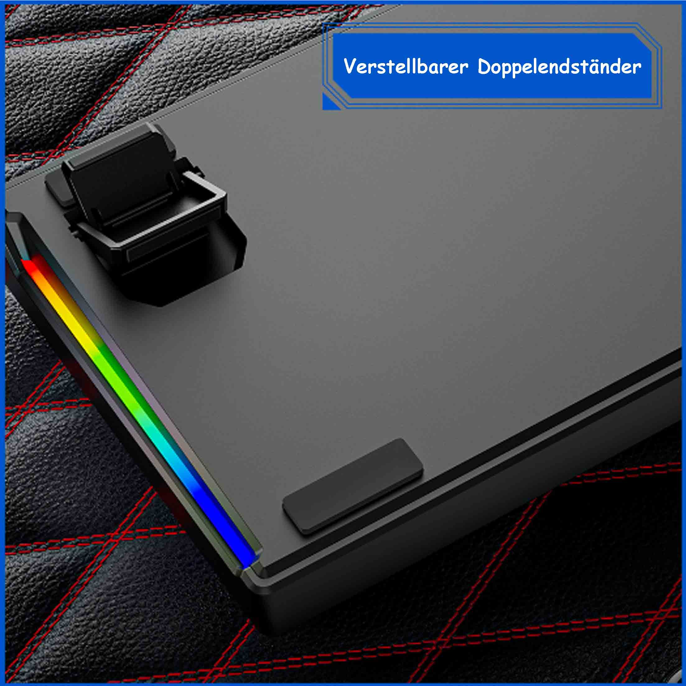 Czarna klawiatura z podświetlaną krawędzią RGB i niebieską etykietą z napisem 'Verstellbarer Doppelständer'.