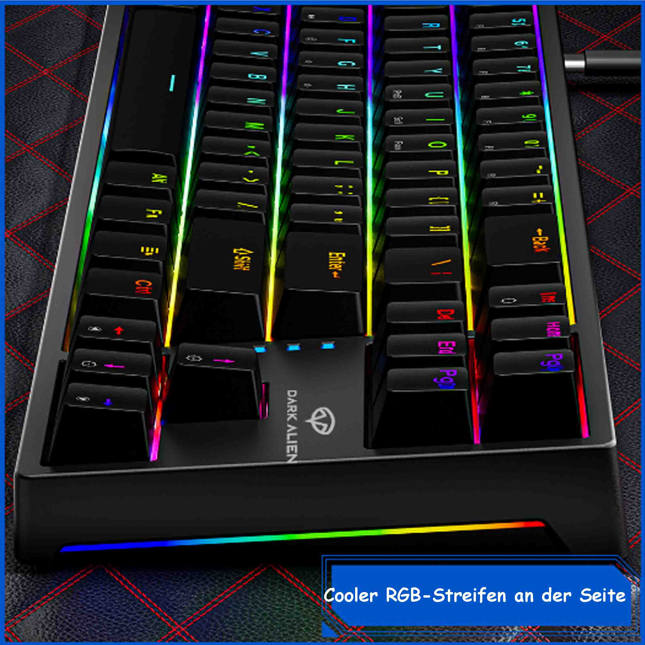 Zbliżenie podświetlanej klawiatury do gier. Czarne klawisze z kolorowymi literami.