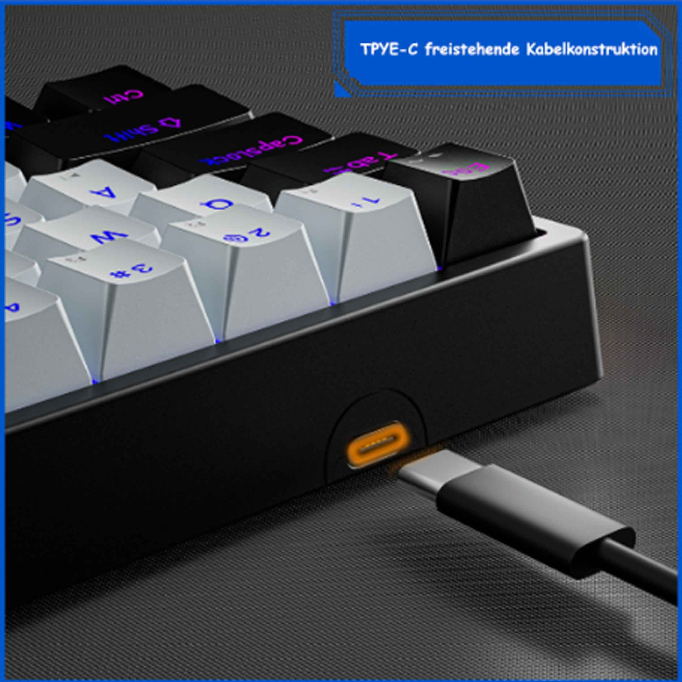 Czarno-biała klawiatura mechaniczna z portem USB-C, widok z bliska.